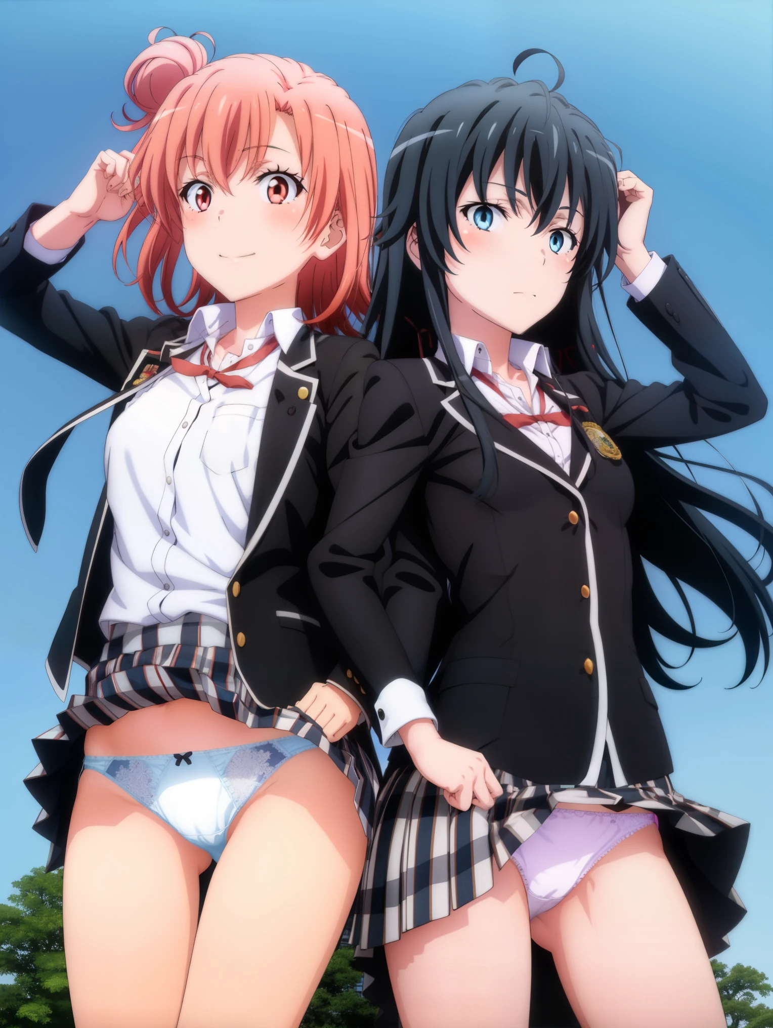 2 girls , Yukinoshita Yukino , Yuigahama Yui , waltz dance , school uniform,Wind,Skirt up,white panties,Peach-colored panties,