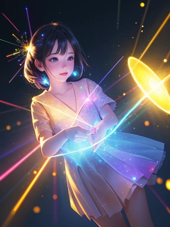 (best quality, masterpiece:1.2),ultra detailed,(photo realistic:1.4),solo,cute girl,(colorful illumination:1.1),light_particles, summon,on hand,luminescence_circle_background,