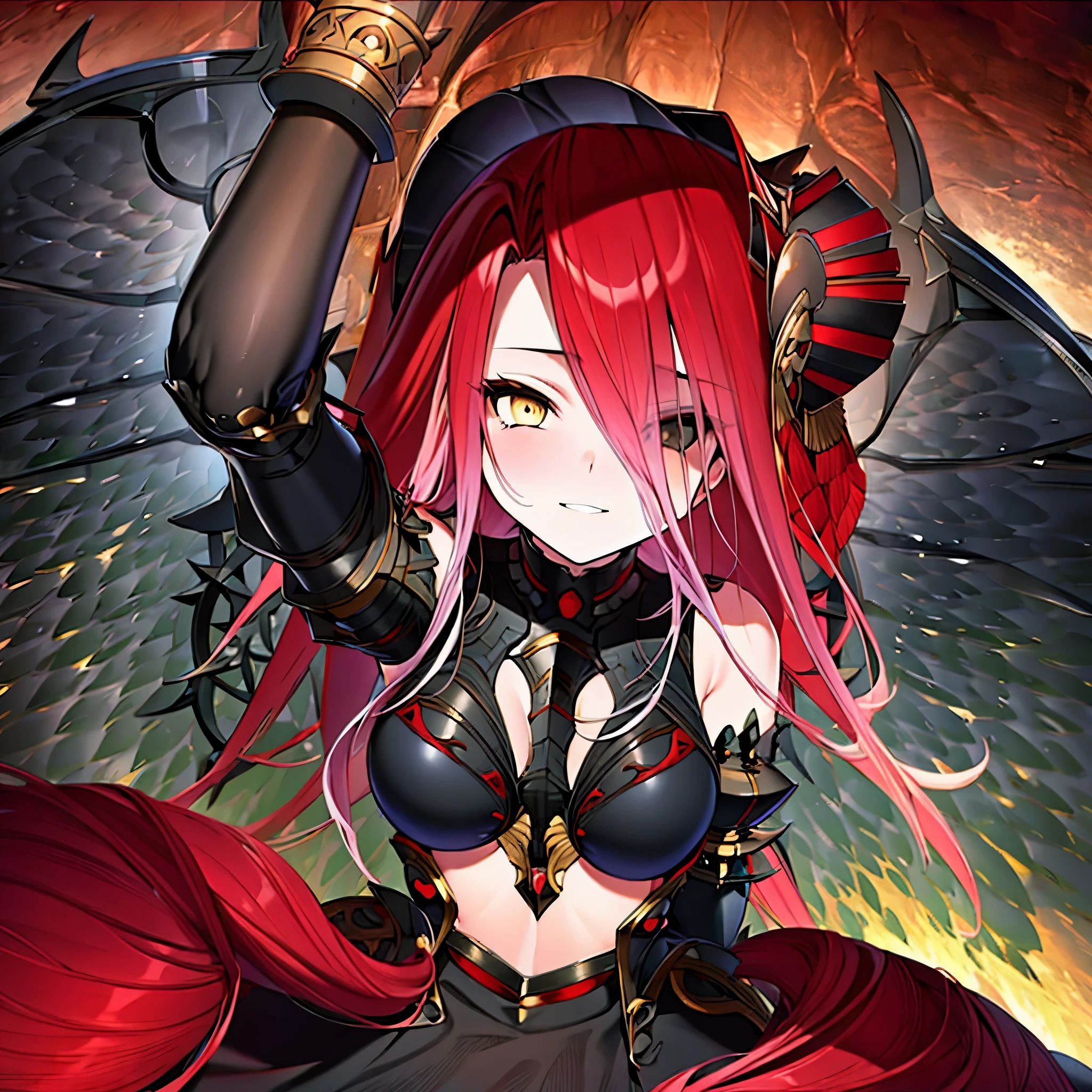 (best quality:1.2, masterpiece:1.2), 1 girl, standing alone, headwear, intricate golden left eye, right eye turns black, hand up, indoor, vibrant colors, soft light, complex hair, flowing dress, expressionless face, surreal atmosphere, antique furniture, intricate patterns on the wall, rich floor texture, shadows and highlights emphasize depth and dimension, wide-angle perspective, fine brushstrokes.