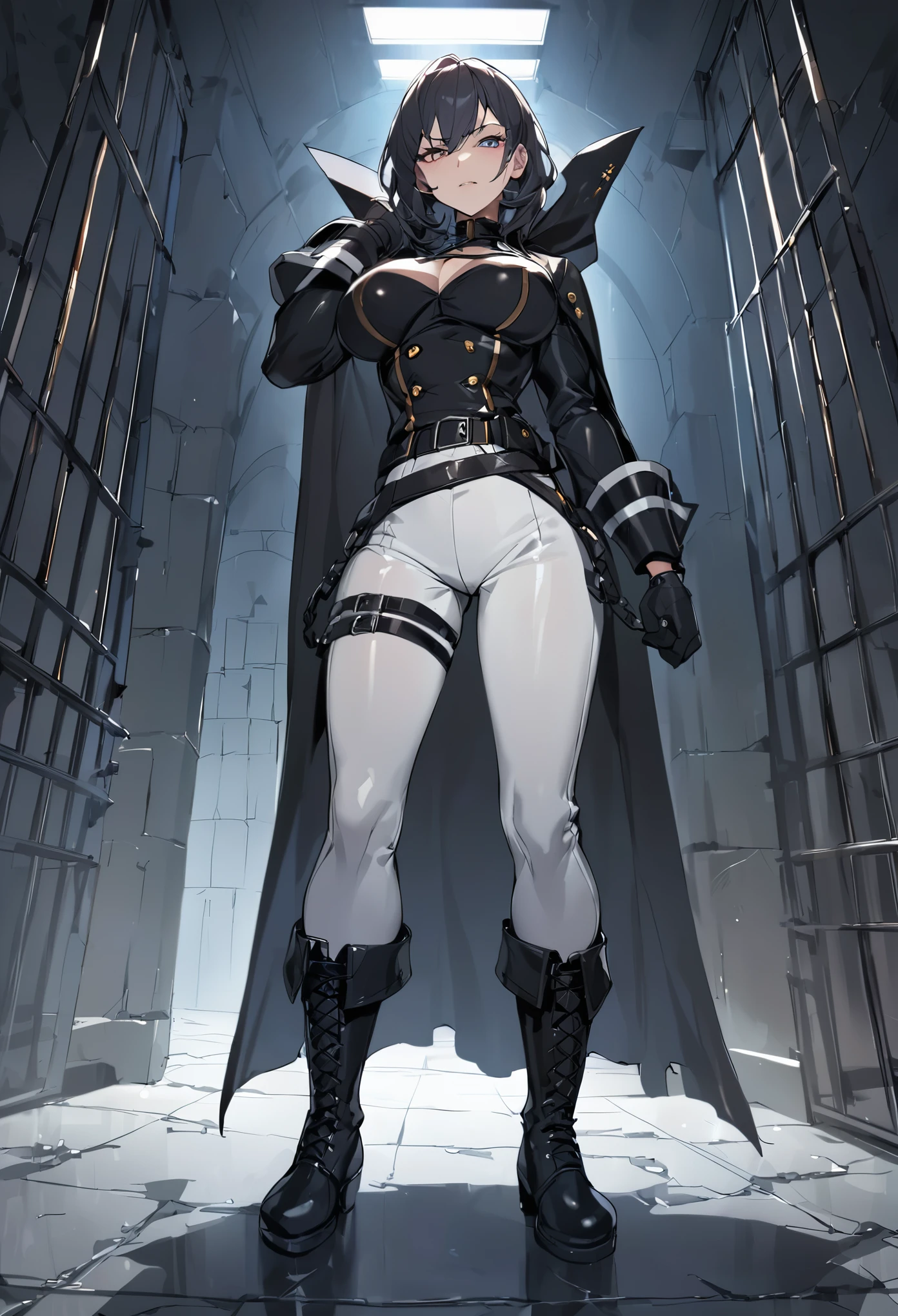 Mature female, ((solo)),(1girl),standing, full body, authority, leather outfit, dominant, (muscular:0.5), long sleeves, black gloves, double-breasted, (black knee-high combat boots:1.4), (white pants:1.2), slim, devious, seductive, evil, confident,belt, cape, standing, dungeon, bedroom, military uniform, looking at viewer, from below,clean floor,prison,guard,warden,queen,commander, (smirk:0.33),