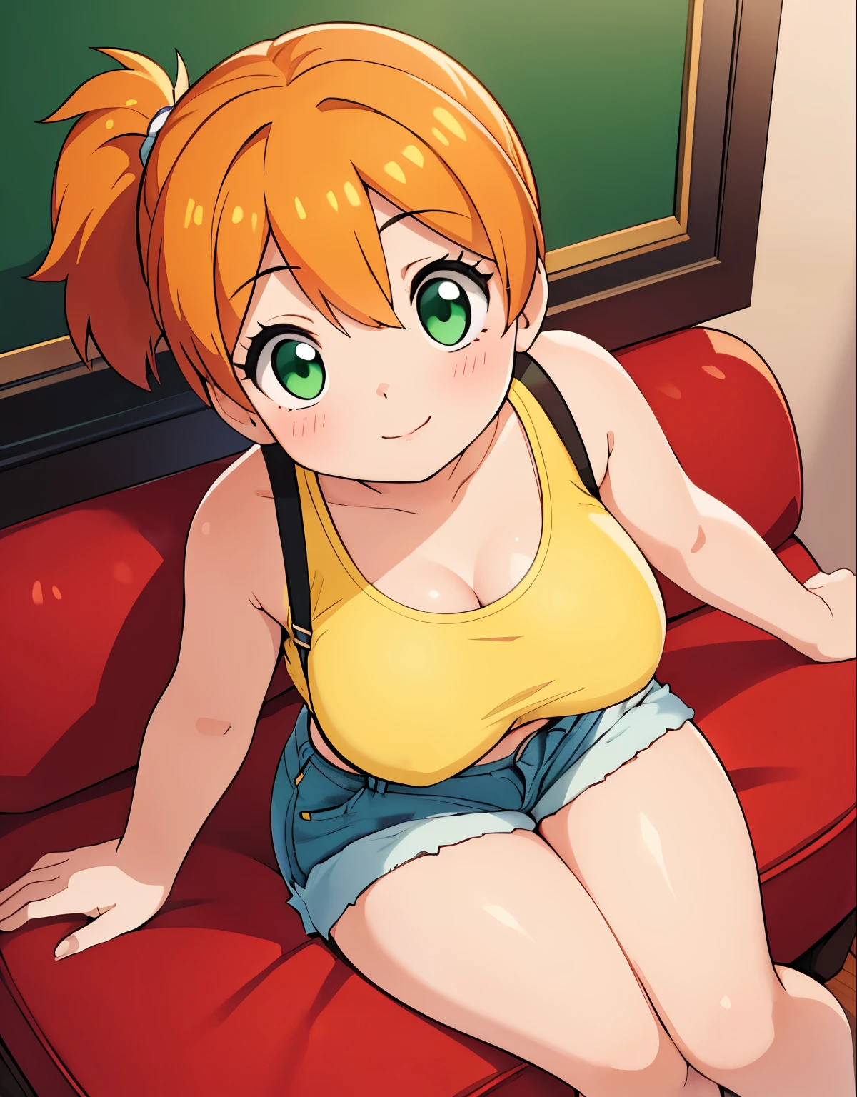 unattached beautiful girl, reclining on a vibrant red sofa, viewed from above, with a lovestruck gaze, (photorealistic:1.37), with (best quality,4k,8k,highres,masterpiece:1.2), misty, 1girl, breasts, looking_at_viewer, short_hair, closed_mouth, bangs, navel, hair_between_eyes, bare_shoulders, sitting, green_eyes, full_body, lying, sleeveless, midriff, orange_hair, side_ponytail, crop_top, looking_to_the_side, eyelashes, bare_legs, sleeveless_shirt, leaning_forward, arm_support, suspenders, tank_top, denim_shorts, yellow_shirt, hair_tie, green_shorts, suspender_shorts, yellow_tank_top, down blouse, body shape, chubby thighs, thick thighs, ultra-detailed description, capturing every exquisite detail of her appearance. Her eyes are mesmerizing, with long curled lashes, glistening in the light. Her lips are perfectly shaped, with a subtle hint of a smile. She is dressed elegantly in a flowing dress, radiating grace and charm. The scene is bathed in warm and romantic lighting, creating a captivating ambiance. The artwork possesses a fusion of realism and artistic flair, resulting in a masterpiece that showcases the emotions of love and admiration.