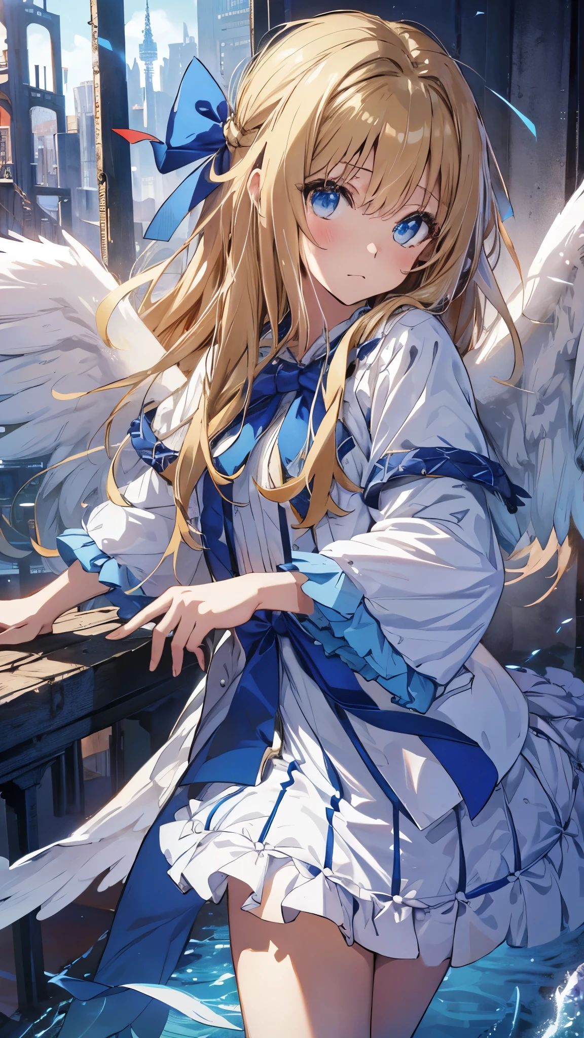 cowboy shot, filo, 1girl, solo, embarrassed, closed mouth, flat chest,skinny,short stature,white wings, hite dress, blue bow, long hair, blue eyes, looking at viewer, parted bangs, bent over,top-quality,Top image quality,perfect anatomy,masterpiece,ultra-detailliert,Beautiful,ultra-quality, best quality,high resolution, ultra-detailed,game cg,dutch angle ,beautiful detailed eyes,visualart,five fingers, perfect hands