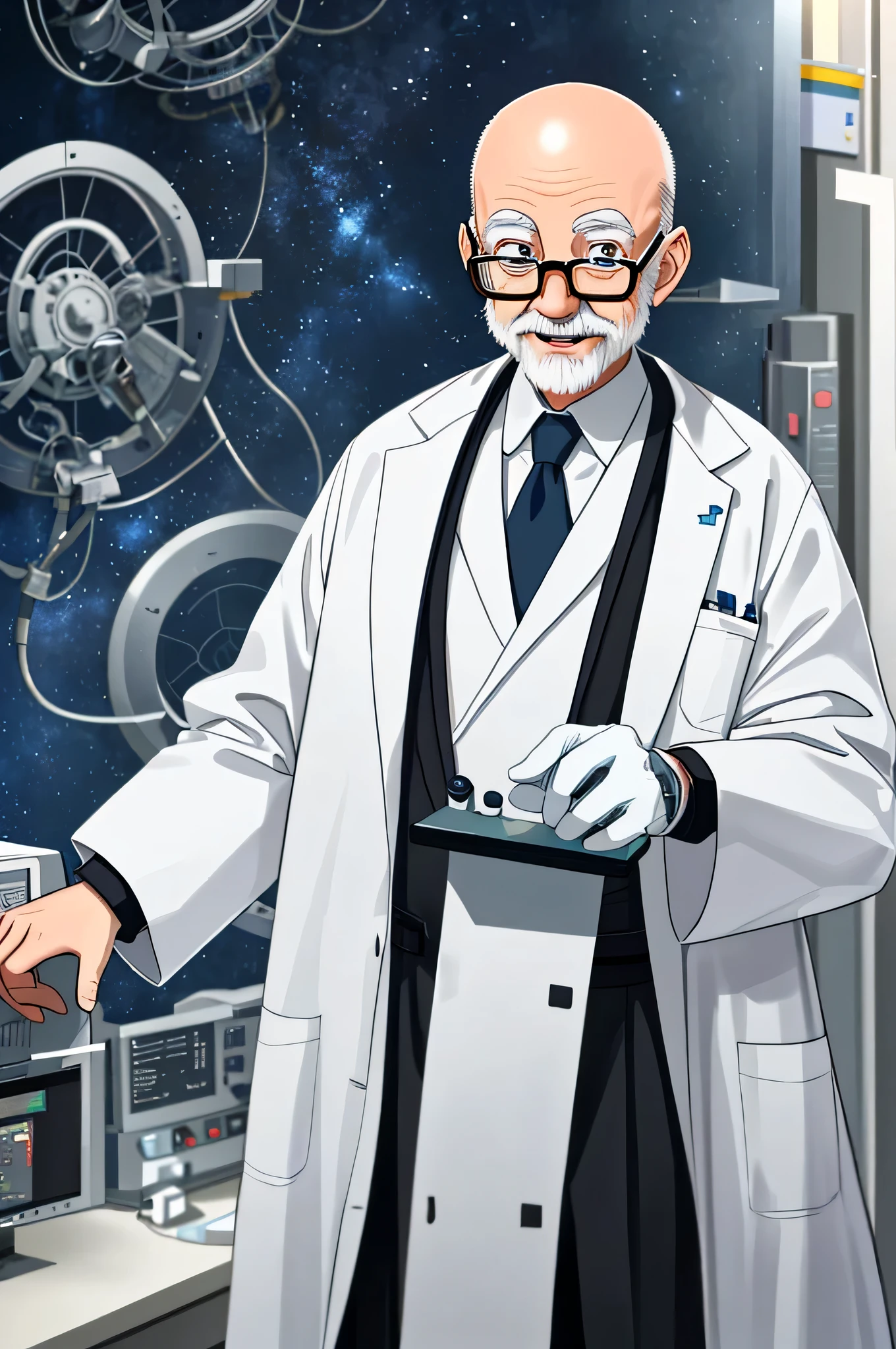 Old bald scientist holding a brain