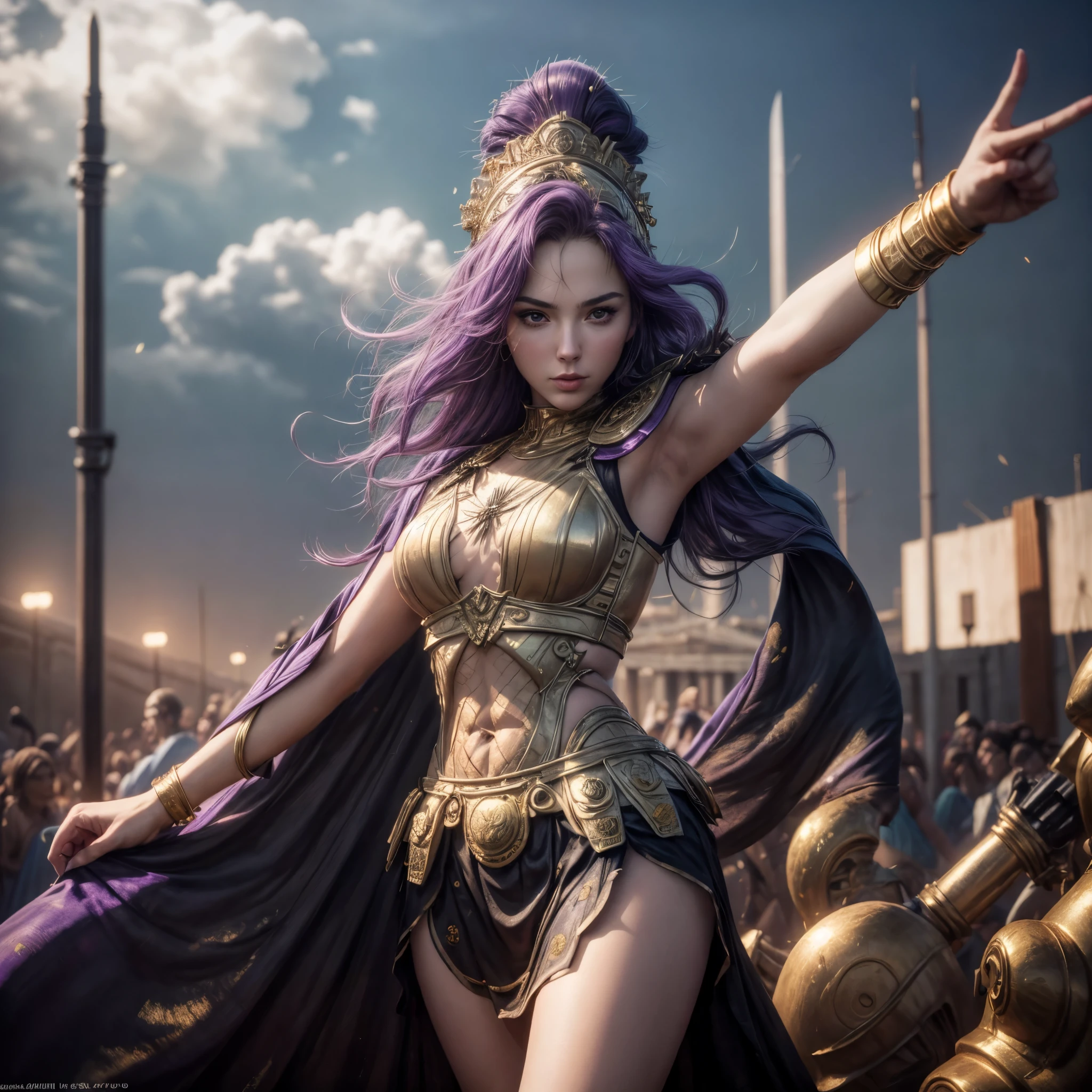 (best quality,4k,8k,highres,masterpiece:1.2),ultra-detailed, 1woman, 1woman, Greek goddess Athena, purple hair, wearing golden hoplite armor with helmet, attacking pose, wielding a sear, looking at the viewer, wise, impressive, seductive eyes, in front of the Parthenon, drawn in the style of Yoshitaka Amano, high res, ultrasharp, 8K, masterpiece, HDR, 8k, absurdres, cinestill 800, sharp focus, add_detail:2
