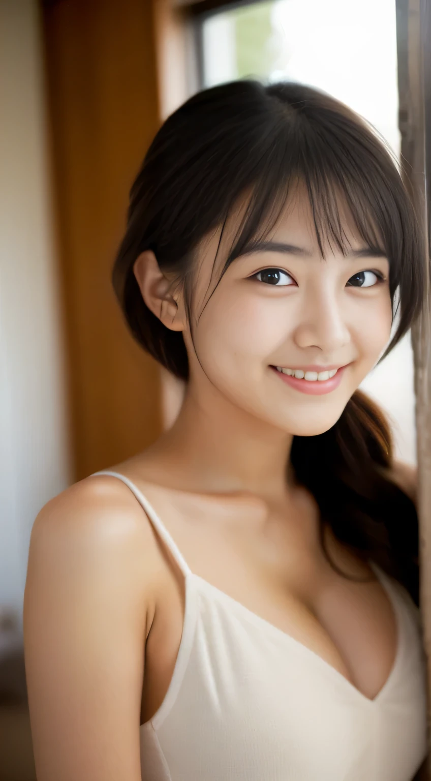 masterpiece,best quality,(Japanese ),((Beautiful girl)),cleavage,indoor,(perfect body beauty:1.2),(shy smile),beautiful teeth,