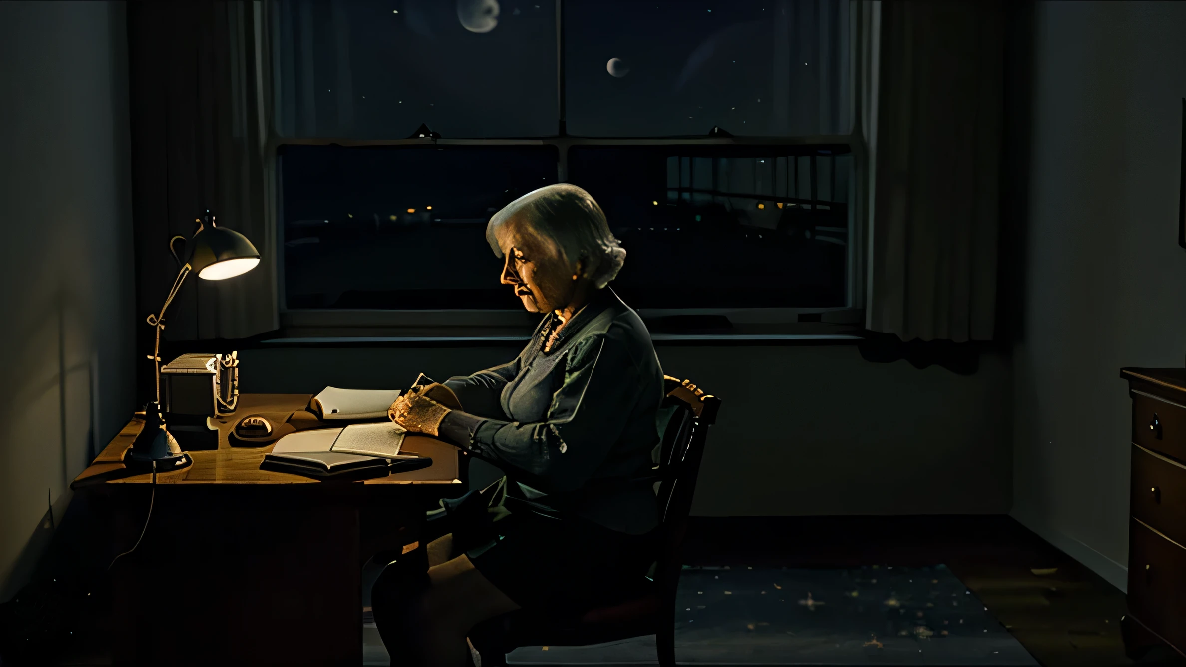 edward hopper style, very old woman sitting at a desk in the far corner of a very large room, night time, moonlight streaming through the window