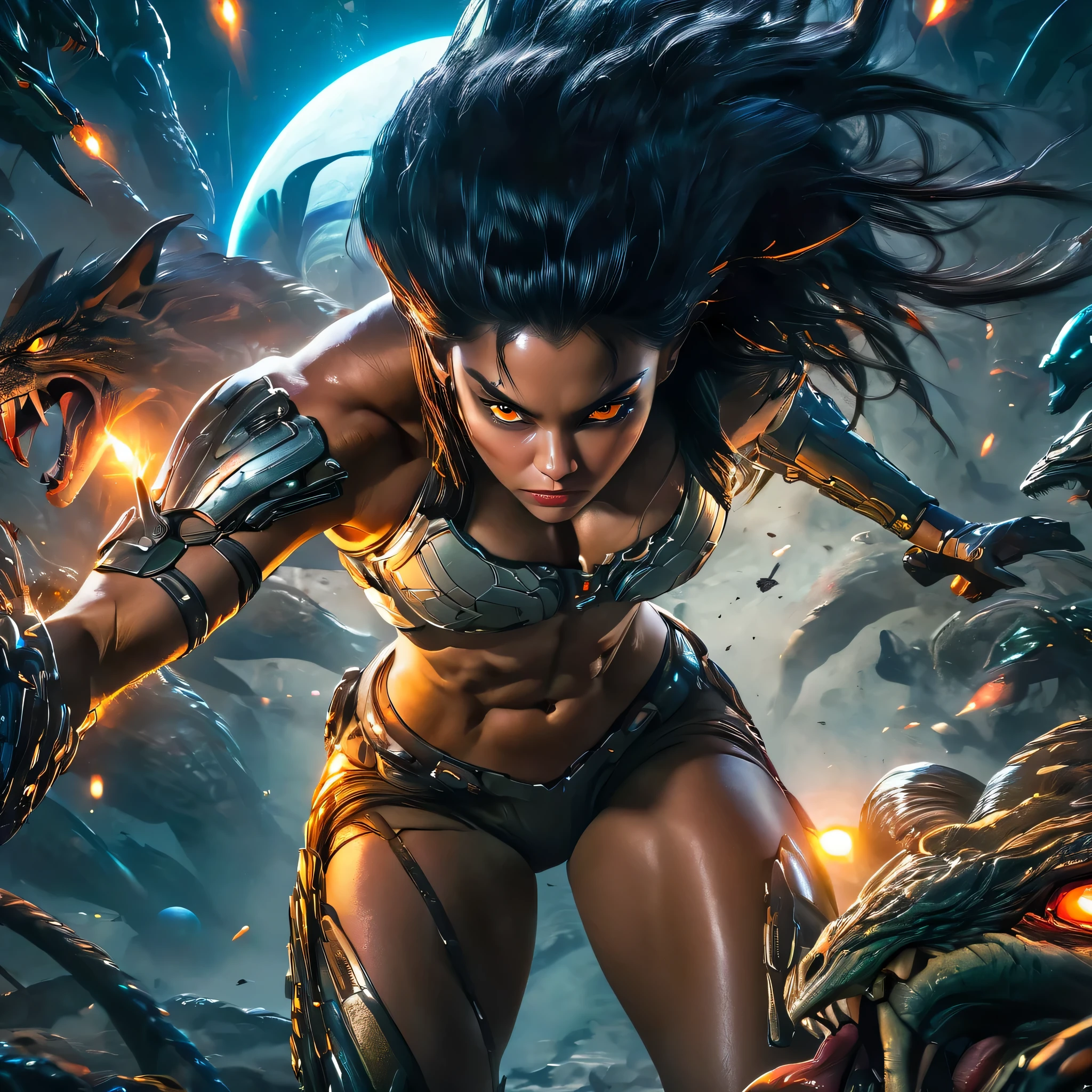 (highest quality,4k,High resolution,masterpiece:1.2),super detailed,(realistic,photorealistic:1.37),alien female predator, unparalleled exquisite beauty, Her intense gaze stares at her prey with the concentration of a hunter., Her long black nails are ready to pounce.. her thin, His muscular body was something to behold., Corner of her highly detailed figure々oozes energy and raw power from. her bright orange eyes, the most beautiful face in the universe, surrounded by thick eyebrows, Sparkling with otherworldly charm. Her jet-black hair, symmetrically arranged, Shining under the rich, colorful lights that illuminated her surroundings.. her eyes, very detailed and vibrant, I held something enchanting, Seductive and intimidating gaze, muscular and toned body. (beautiful nipples:1.5),(beautiful abs:1.5), (she's on a battlefield on another planet:1.5), (NSFW:1.5), (motion blur, Depth of the bounds written:1.5)