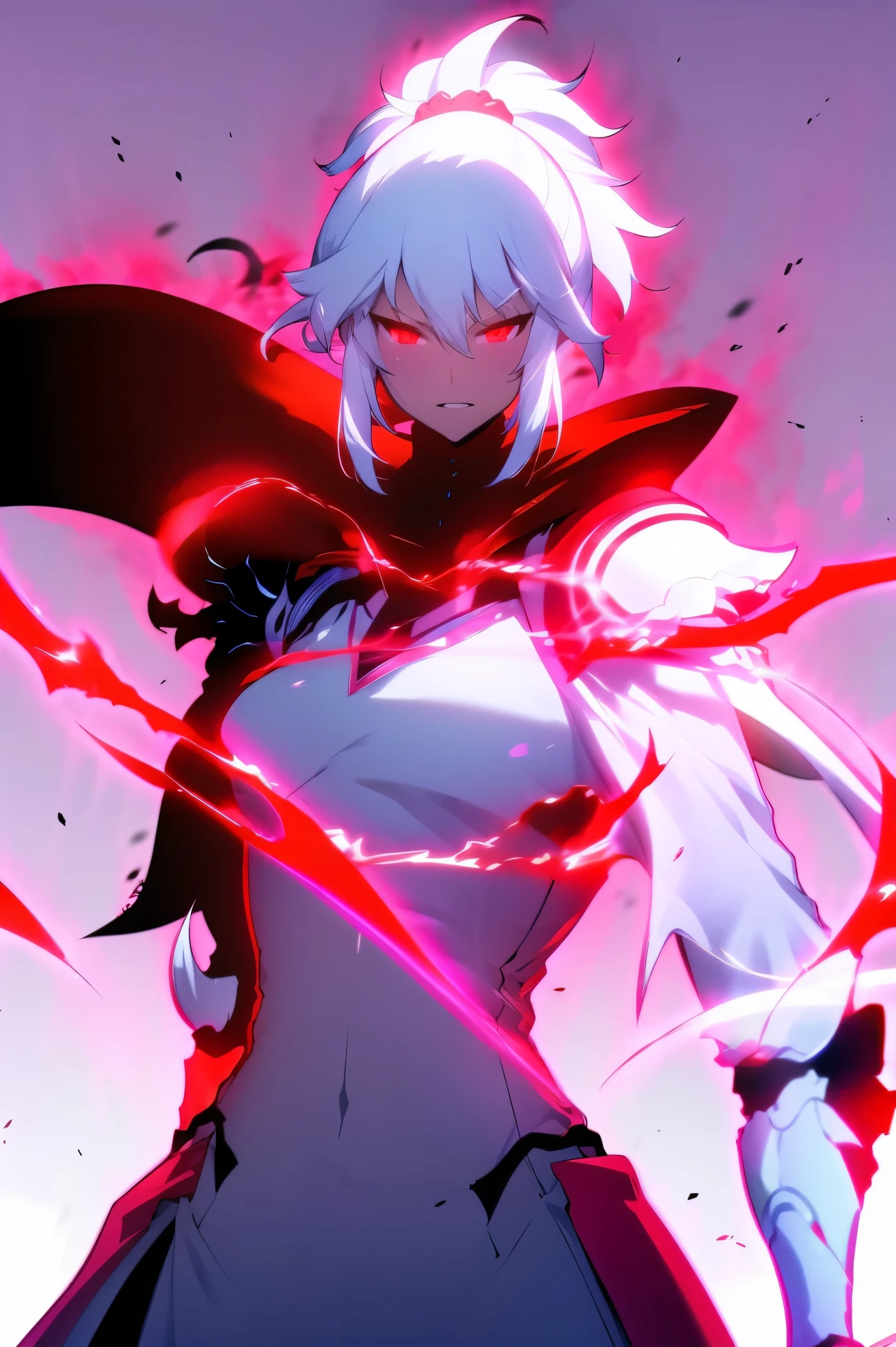 darkskin woman fantasy clothes, white short hair in a ponytail, red eyes, ref scarf, white and black Armor, black skull-shaped shoulder pad, white skull Knee Pads, aura (red), angry, perfect Anatomy, intricate pencil sketch, expressive eyes and nose and mouth, un-zoom, highly detailed, white background