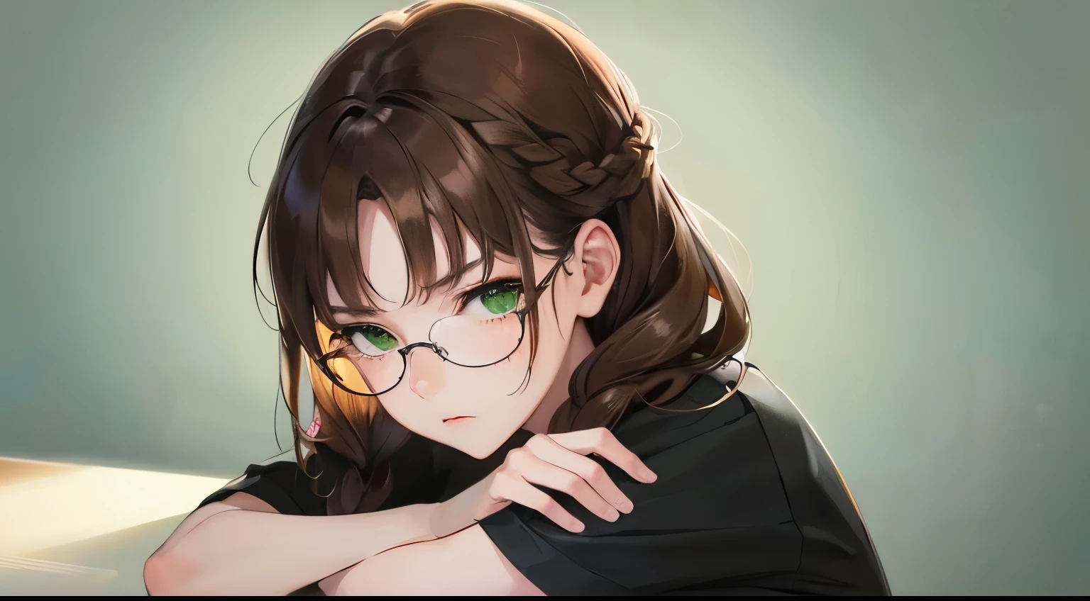 (((one girl)))、(emphasize the chest))、Masterpiece,best quality, (((arms folded))), determined expression, Glasses、((No expression))、black shirt、upper body diagram
(highest resolution、clear_image)、best quality、contrast of light and shadow、((illumination))、very detailed、semi-realistic、braided hairstyle、brown hair、bangs、25 years old、office　Lady,,young、((green background))、delicate facial features facial features、