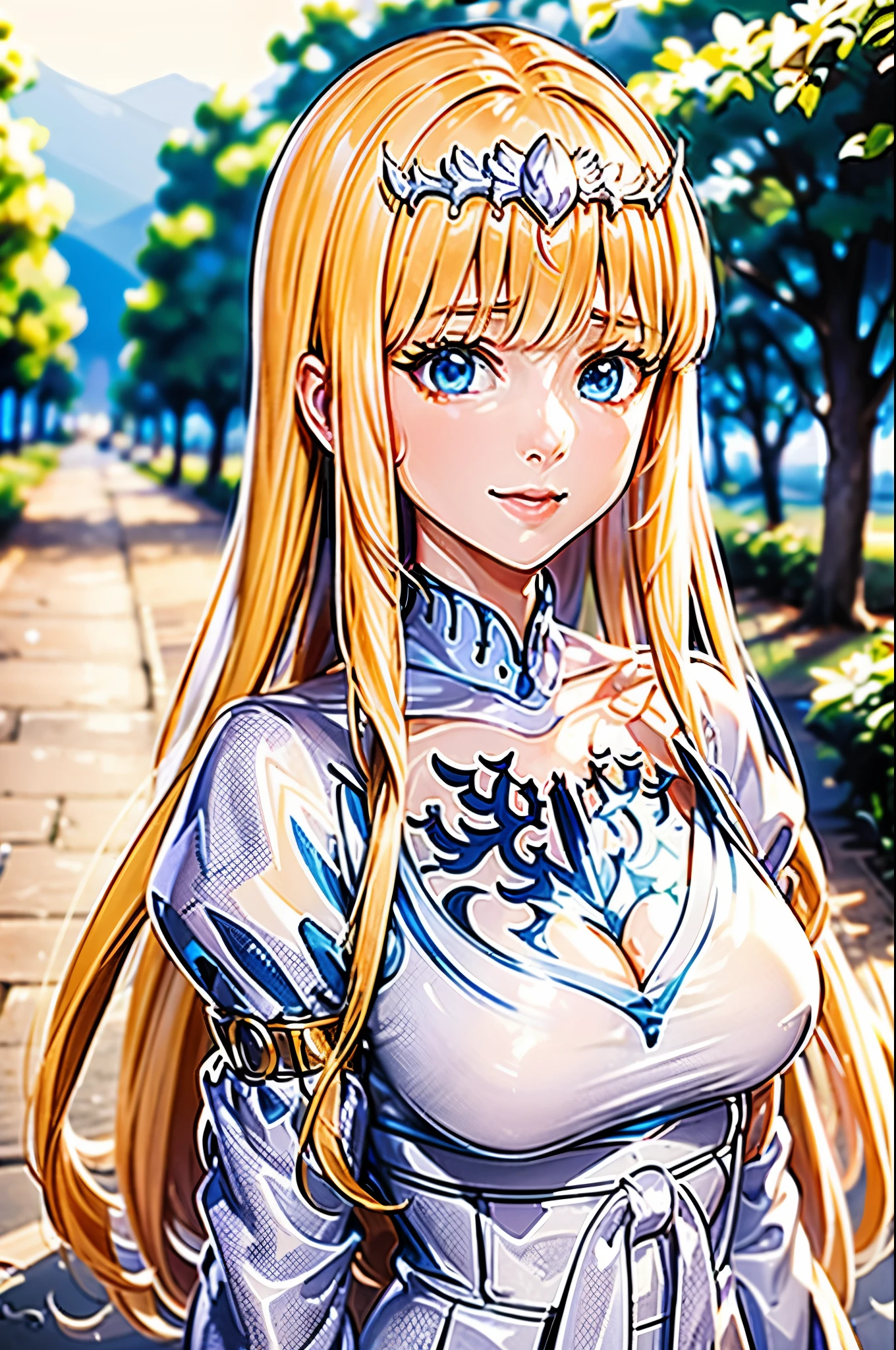 masterpiece, top-quality、8K,  anime girl, 20 year old, outdoor sunny garden, a character portrait by Yang J, Trend of CGsociety, Fantasy art, a beautiful anime portrait, detailed portrait of an anime girl, A girl in Hanfu, Guviz-style artwork, Beautiful anime girl, portrait anime girl, Beautiful character painting, Guviz, Portrait of an anime girl,  (perfectly detailed face), ((well detailed hand, normal hands)), photorealistic image, depth of field, raytracing, warm smile, cowboy shot, standing, upper body,  slim waist, ,1girl, Calca, blonde hair, extremely long hair, white tiara, white dress, blue eyes, medium breasts
