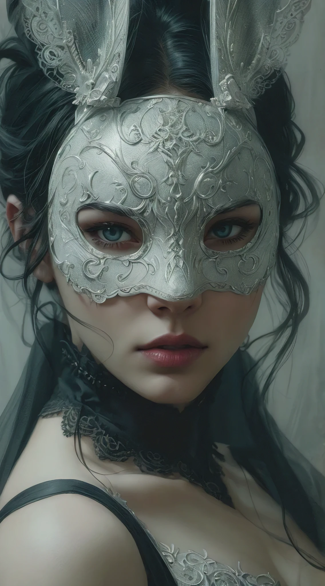 (best quality, masterpiece:1.2), female super villain wearing sad white rabbit mask Stunning hyperdetailed Fantasy Sketch Art, pose, strong facial expression, in the style of Tom bagshaw and Charlie Bowater, Tony Diterlizzi, Gerald brom, Film noir aesthetic, Minimalistic, in the style of artistic darkness