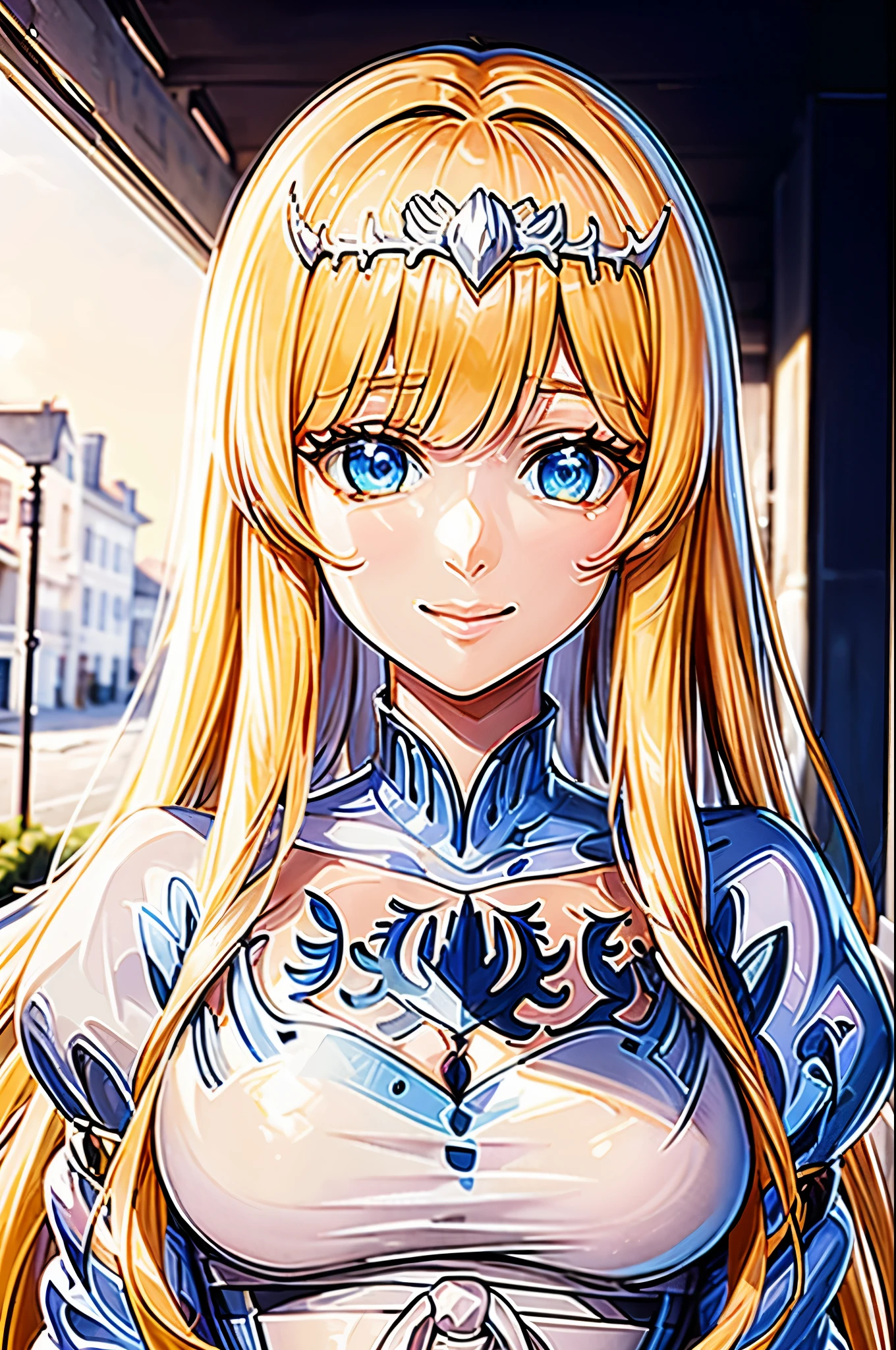 masterpiece, top-quality、8K, anime girl, 20 year old, outdoor sunny garden, a character portrait by Yang J, Trend of CGsociety, Fantasy art, a beautiful anime portrait, detailed portrait of an anime girl, A girl in Hanfu, Guviz-style artwork, Beautiful anime girl, portrait anime girl, Beautiful character painting, Guviz, Portrait of an anime girl, (perfectly detailed face), ((well detailed hand, normal hands)), photorealistic image, depth of field, raytracing, warm smile, cowboy shot, standing, upper body, slim waist, ,1girl, Calca, blonde hair, extremely long hair, white tiara, white dress, blue eyes, medium breasts