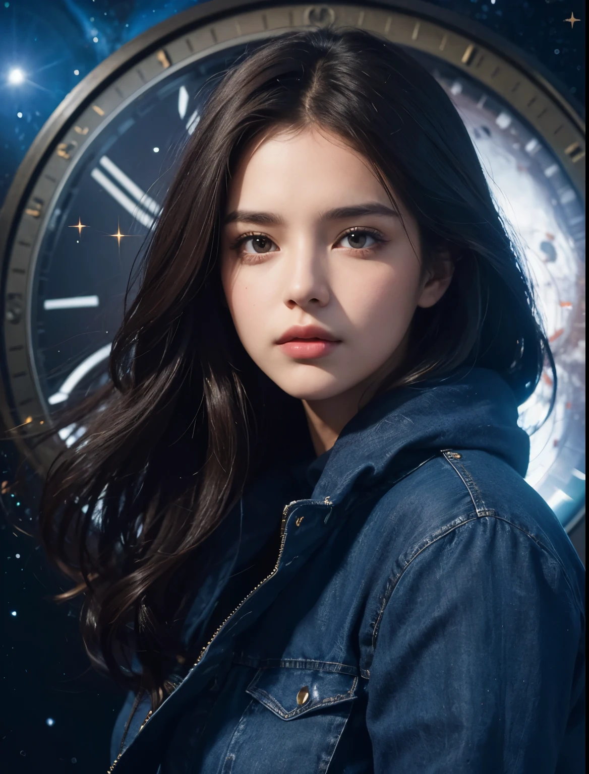 A beautiful woman.Twenty-three years old. Dark brown hair. She is looking at the camera with a serious expression. She is wearing blue jeans and a jacket. An image of a clock and outer space in the space behind the woman.