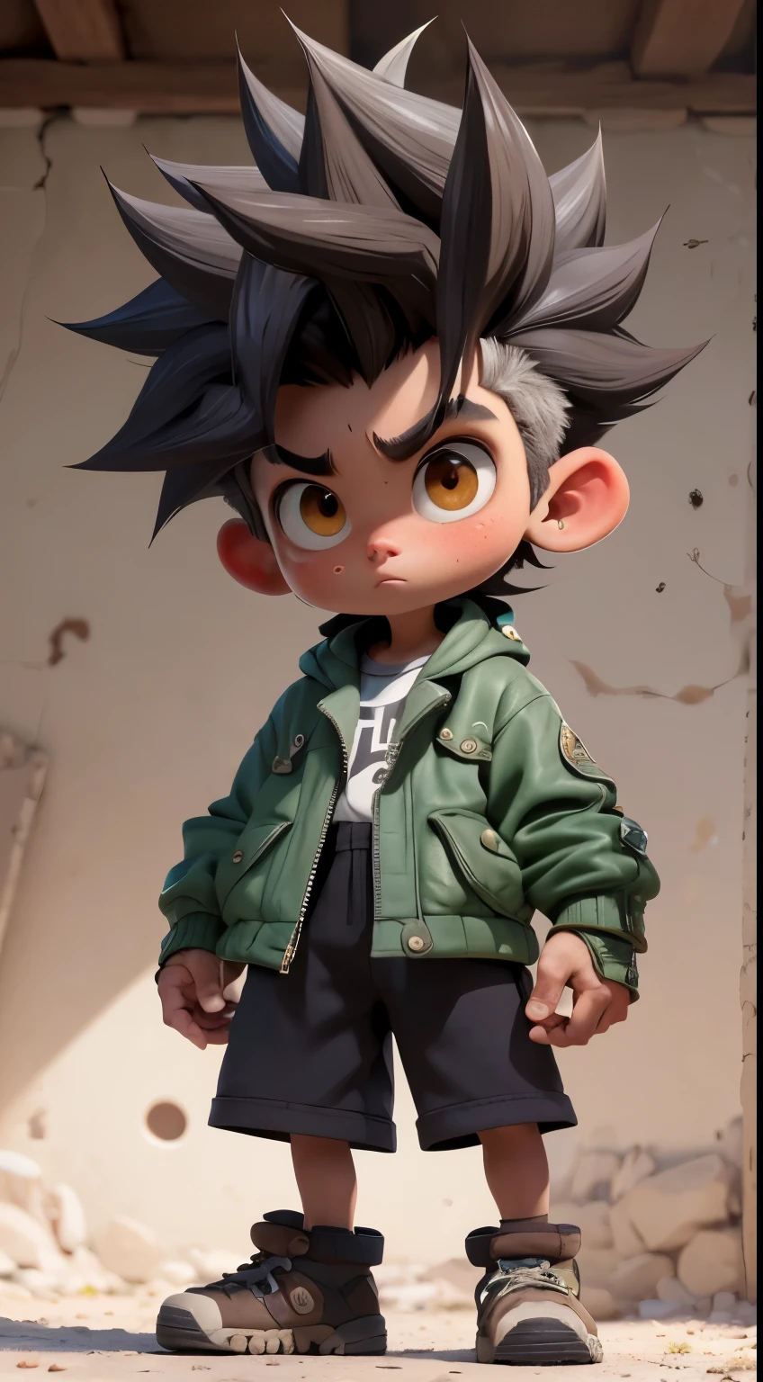 Obra maestra, La mejor calidad, 8k, cinematiclight, ultra-high-resolution, Chibi, 1, shorts, cabello negro, auriculares, bolsa, spiked hair, chaqueta verde, Calzado, brown eyes, (cuerpo completo:1.2), Pecas, En pie,
