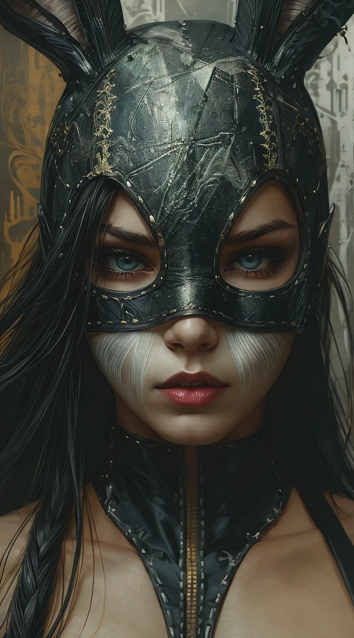 (best quality, masterpiece:1.2), female super villain wearing sad white rabbit mask Stunning hyperdetailed Fantasy Sketch Art, pose, strong facial expression, in the style of Tom bagshaw and Charlie Bowater, Tony Diterlizzi, Gerald brom, Film noir aesthetic, Minimalistic, in the style of artistic darkness