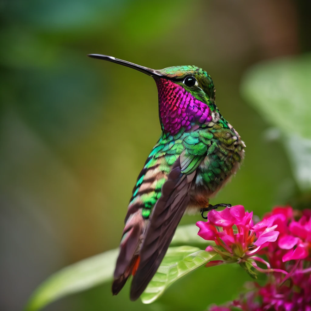 Hummingbird, aesthetic, extremely detailed, Exquisite, Still, Photo, close-up, Hummingbird, still, perched on a flower, lush tropical garden, bokeh background, natural light, high-resolution, vibrant colors, contrast, saturation, Fujifilm Superia, Vivian Maier, Ansel Adams.