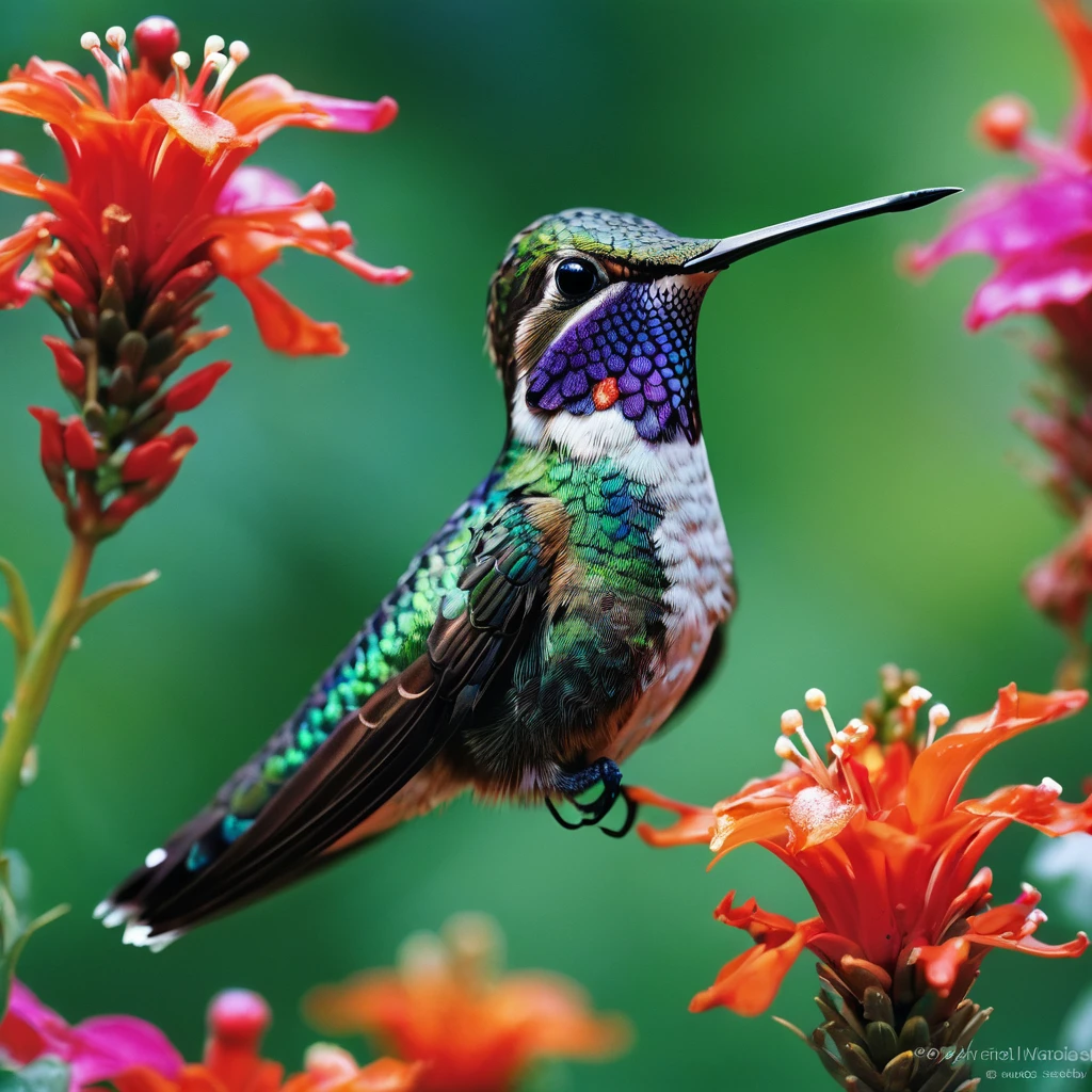 Hummingbird, aesthetic, extremely detailed, Exquisite, Still, Photo, close-up, Hummingbird, still, perched on a flower, lush tropical garden, bokeh background, natural light, high-resolution, vibrant colors, contrast, saturation, Fujifilm Superia, Vivian Maier, Ansel Adams.