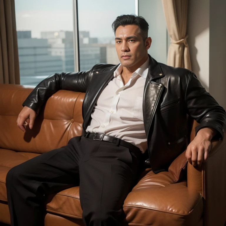 30 years old,daddy,"shiny suit ",Dad sat on sofa,k hd,in the office,"big muscle", gay ,black hair,asia face,masculine,strong man,the boss is,handsome,sex,leather gloves,lecherous dad,look straight ahead,"dad is handsome","gay dad","handsome" , sexy thong , full length shot , big thighs
