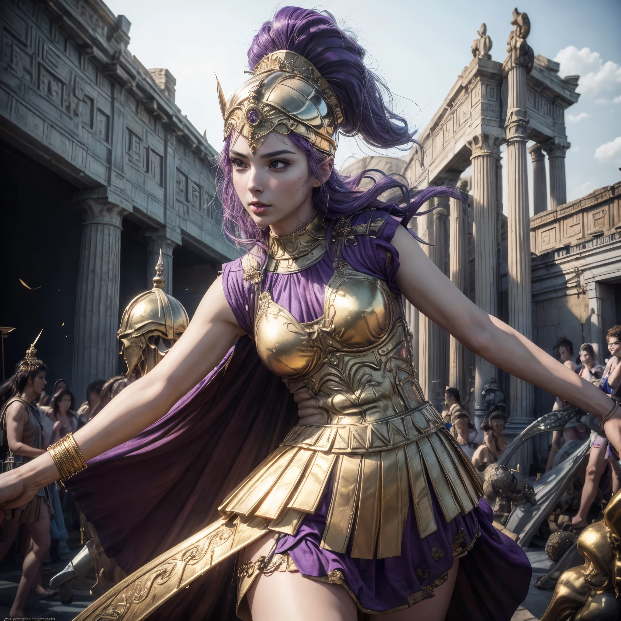 (best quality,4k,8k,highres,masterpiece:1.2),ultra-detailed, 1woman, 1woman, Greek goddess Athena, purple hair, wearing golden hoplite armor with helmet, attacking pose, wielding a sear, looking at the viewer, wise, impressive, seductive eyes, in front of the Parthenon, drawn in the style of Yoshitaka Amano, high res, ultrasharp, 8K, masterpiece, HDR, 8k, absurdres, cinestill 800, sharp focus, add_detail:2
