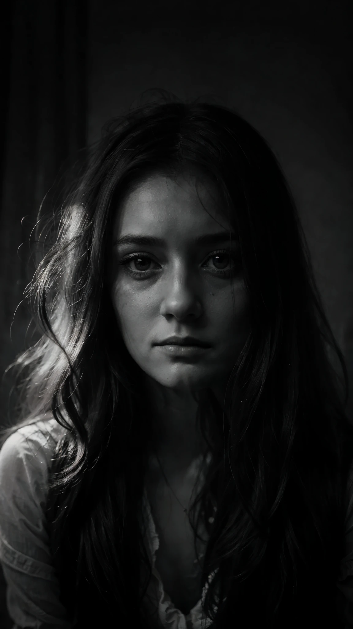 an image of a portrait of a woman with long hair, in the style of ethereal abstractions, monochrome portraits, trapped emotions depicted, soft edges and atmospheric effects, claire-obscure lighting, layered imagery, highly textured --ar 4:5 --style raw