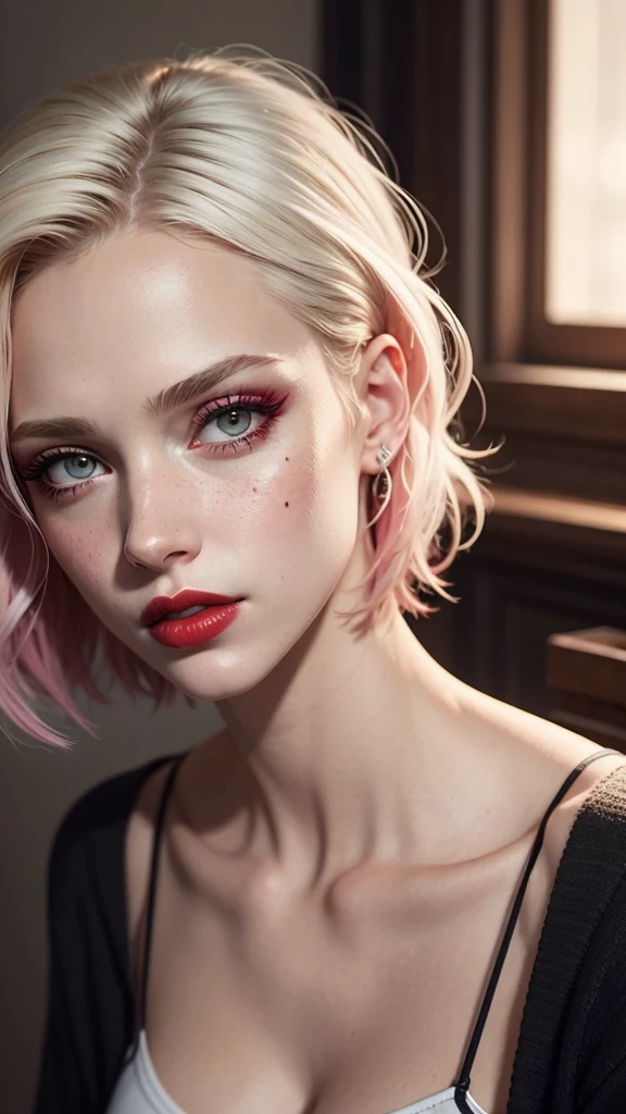 ((best quality: 1.5)) ((masterpiece: 0.8)), intricate details, sharp focus, professional, real life, realistic representation of the face, dynamic pose, in the style of realistic and hyper detailed renderings BREAK ((detailed women, ((shiny red lips, bedroom, bed, (soft loose pink shirt, sweatpants, ((goth dark makeup, albino skin)), [purple hair:blonde hair:0.5])), (messy short wavy hair, [flat chest:medium breasts:0.8], flirting pose)), playful), freckles: 0.6), photorealistic, hyper-realistic, 8K