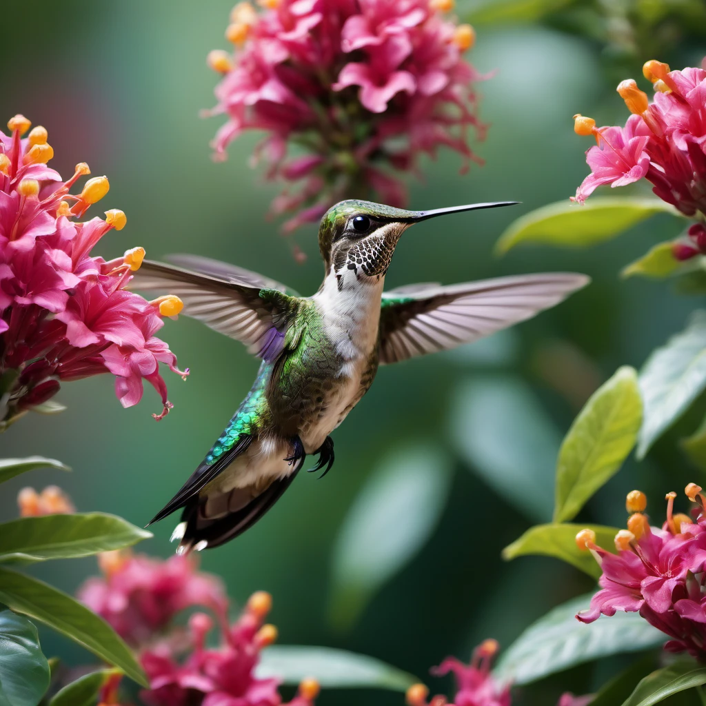 Hummingbird, aesthetic, extremely detailed, Exquisite, Still, Photo, close-up, Hummingbird, still, perched on a flower, lush tropical garden, bokeh background, natural light, high-resolution, vibrant colors, contrast, saturation, Fujifilm Superia, Vivian Maier, Ansel Adams.