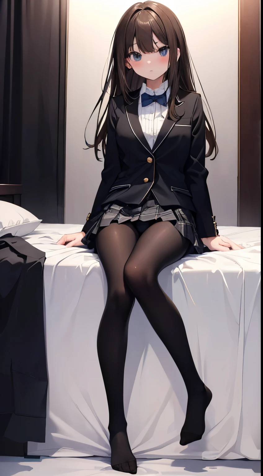 finest, masterpiece, High resolution, (Full body diagram from head to toe), Composition from the front and slightly below, symmetrical, 18-year-old, Slim and beautiful girl, alone, (small breasts), (not wearing shoes),Unkempt brown hair, bangs, (black tights), (black pantyhose), (Pose with legs spread on the bed), tied up with both arms hidden behind the back, (Composition showing black panties), (her legs spread、I can see black pants.), blush, shy big eyes, looking at camera, Blazer Uniform, plaid pleated skirt