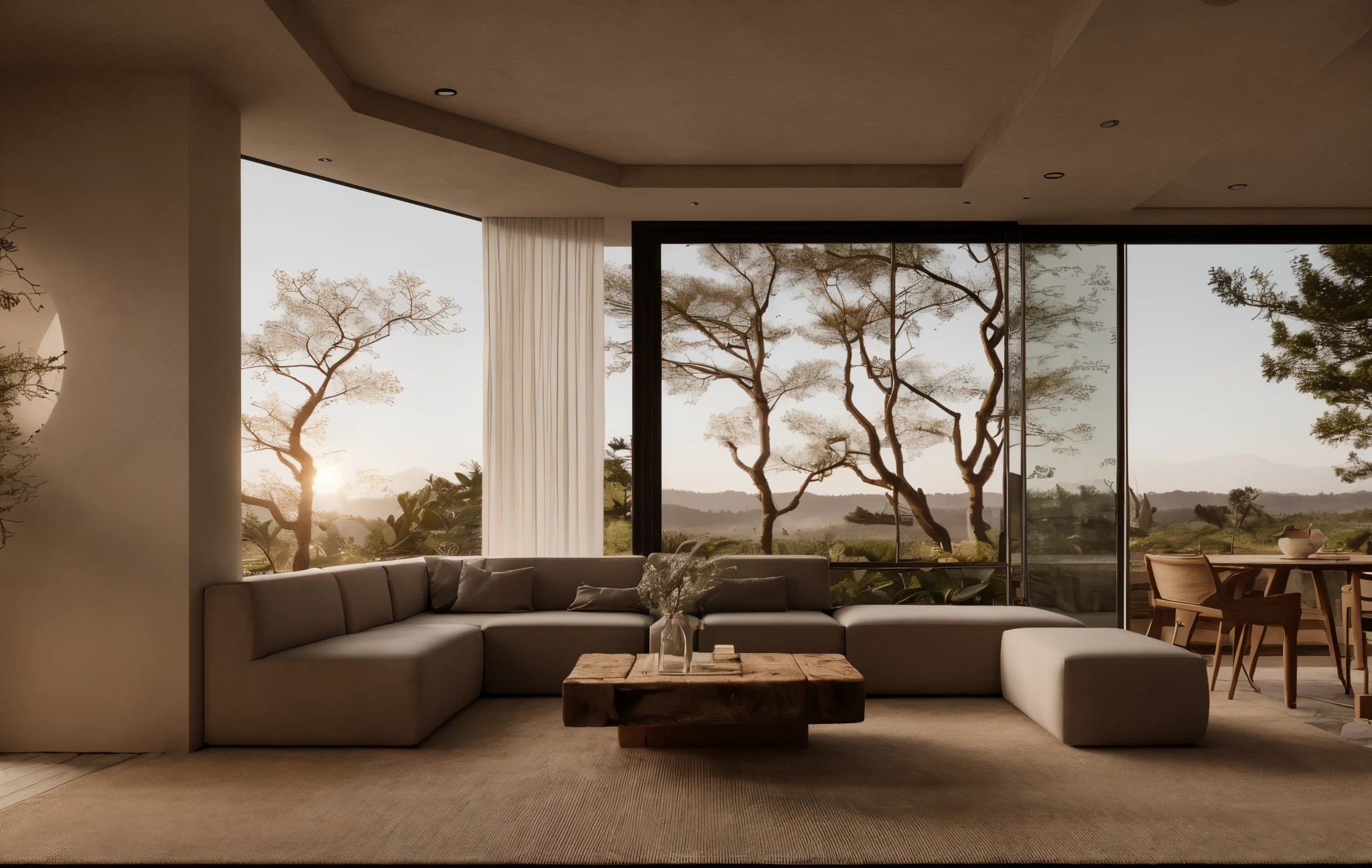 wabi sabi livingroom interior, large glass window, garden outside, dinning table and chải, couch, rough-hewn wood coffee table, sunrise morning, natural light, low contrast, cinematic,