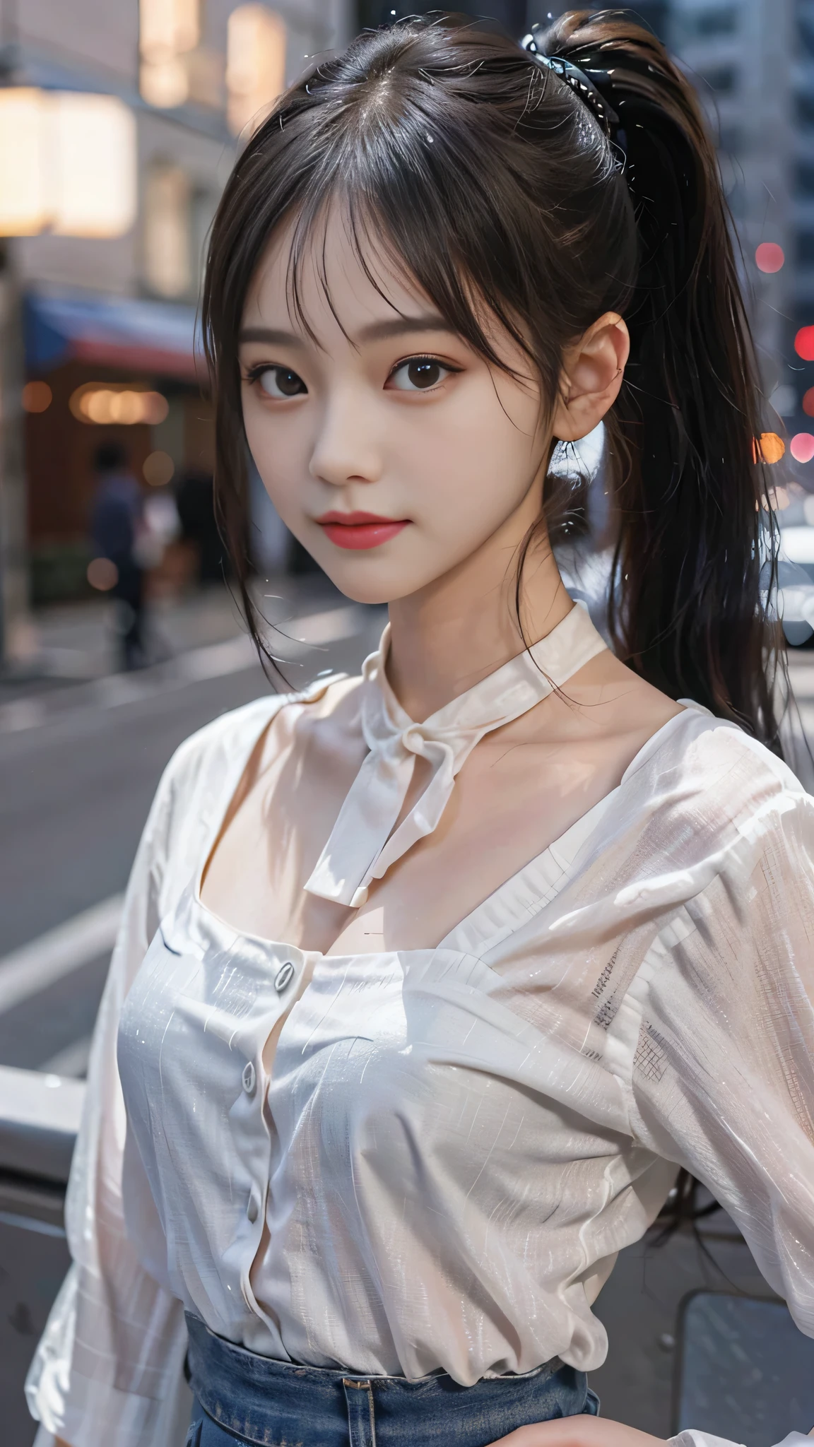 european cityscape,one woman,full body photo,table top, best image quality, high quality, The background is clear,Beautiful woman, Japanese, be familiar with, be familiar with eyes, be familiar with skin, beautiful skin, 超High resolution, (reality: 1.4),very beautiful woman, a little young face, beautiful skin, thin, (ultra photoreal sim), (High resolution), (8k), (非常にbe familiar with) (beautiful detailed eyes), (超be familiar with), (be familiar with face), view viewer, small details, be familiar with face, look straight ahead, look straight ahead, reality的な写真, bright lighting, professional lighting, black hair,ponytail,a baby face,15 years old,髪型はponytailです,ロングponytailの髪型,slight smile,neatly organized clothes,european cityscape,Beautiful Japanese KPOP idol photo, ヘアスタイルはponytailです, my eyes are double and wide, baby face, smile and look straight ahead, thin, small breasts,formal shirts,jeans,close up face,