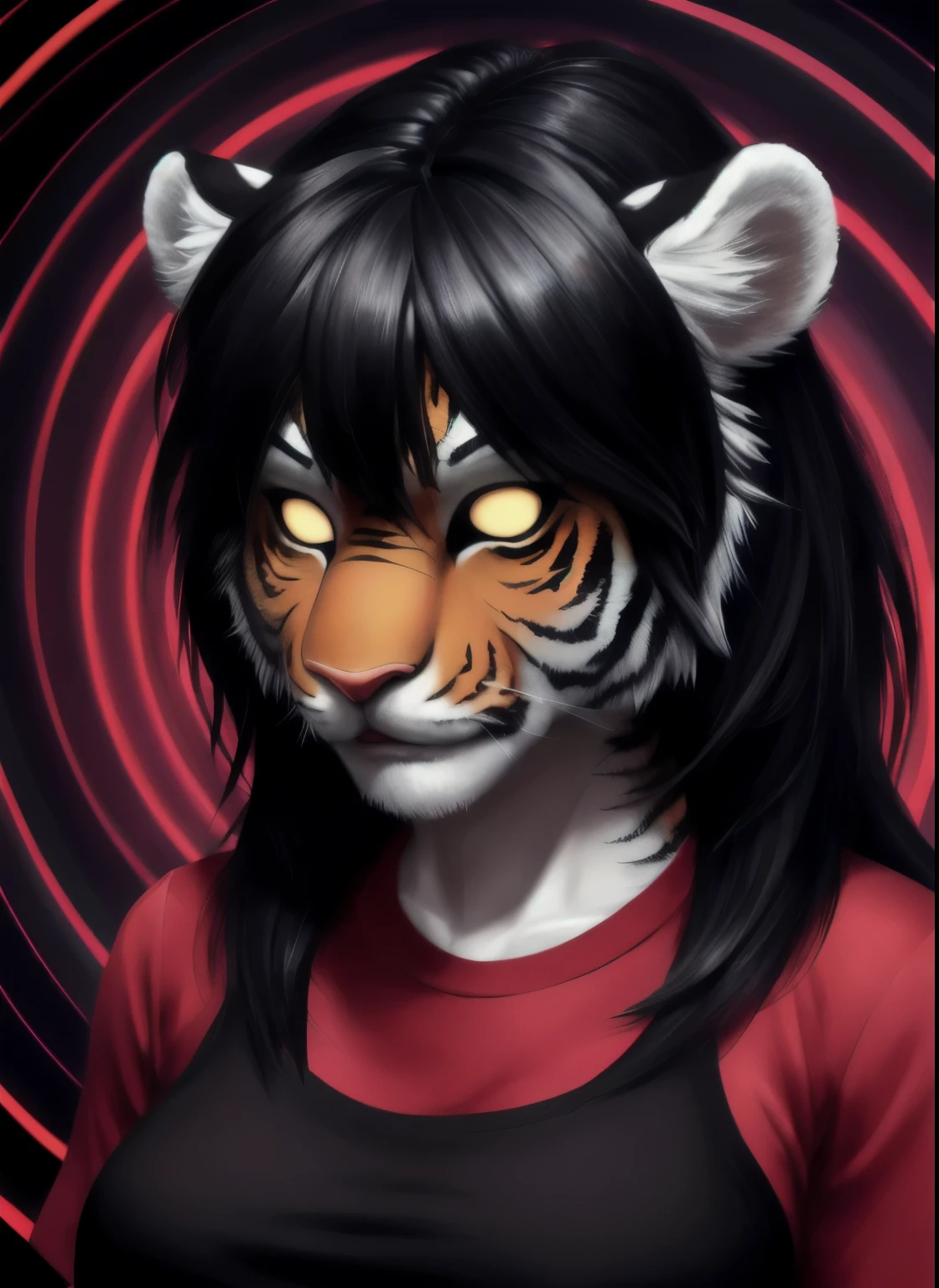 best quality, (masterpiece),(ultra-detailed), (high quality), (high resolution), Tiger girl, black hair, red shirt, empty eyes, hypnotized