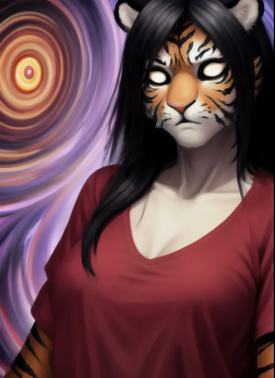 best quality, (masterpiece),(ultra-detailed), (high quality), (high resolution), Tiger girl, black hair, red shirt, empty eyes, hypnotized