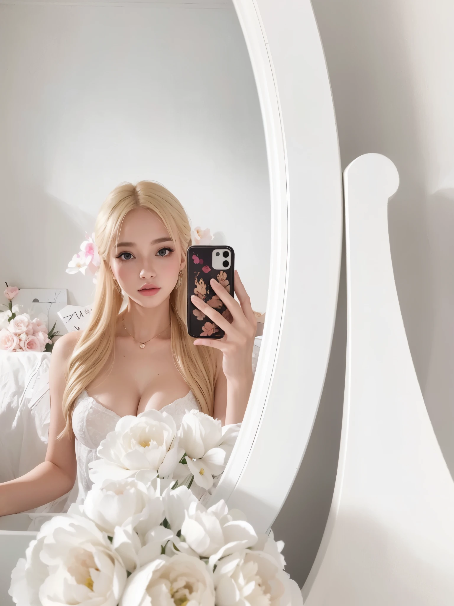 Blonde woman taking a selfie in front of a mirror with flowers., amaranto, retrato de kim petras, bella delfina, ava max, anna nikonova aka new milkmaid, better known as amaranto, Plantilla de Instagram, 8k selfie photography, Kailee Mandel, (Arte Digital), angelablanca, autofoto espejo, young beautiful amaranto