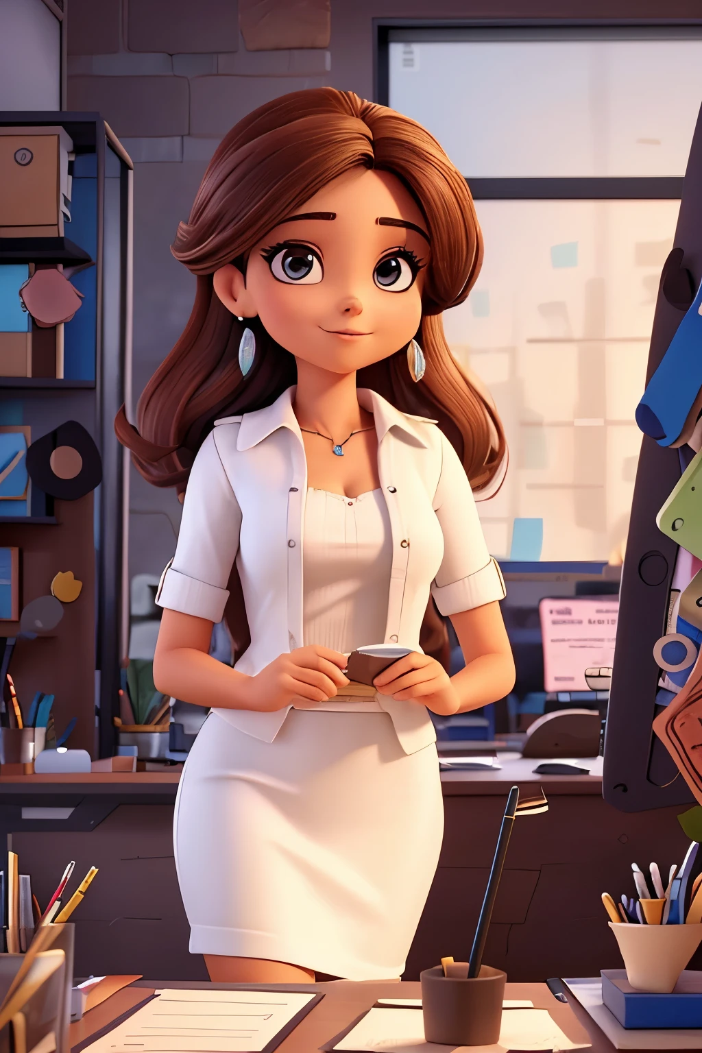Mulher com 25 anos, morena clara, cabelo castanho ondulado, Altura dos ombros, olhos castanhos escuros, brilhante e expressivo, brasileira, (((in the background a beautiful office)))