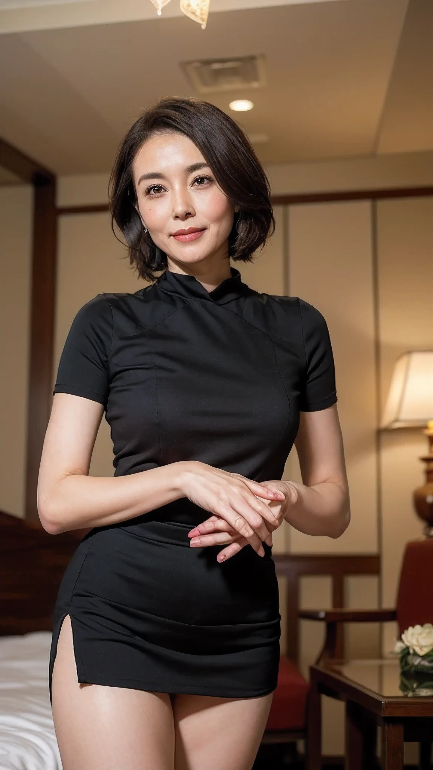 Short hands,Short hands,tiny hand,The skin on your hands is particularly delicate,Hands very, very small,Wrinkle-free hand skin,red nails,((Aunt:0.9))、(Old faces:0.9)、((whole body))、beautiful legs、(total slip:1.5)、(full, shiny lips:1.3)、((Beautiful Japanese 55 years old standing))、a smile、smile lines wrinkles、(((In a sophisticated luxury hotel、Exquisite western style suite background,Luxurious decoration)))、(huge :1.2)、Gravure photography、photo poses、(shining face、sexy face、pretty face)、((Beautiful body lines、Wrinkles at the corners of the eyes、short hair、55-year-old married woman、Real skin、Photos are real、detailed picture、high level of image quality、、Accurate images)),Gray tight skirt,Greasy reflective colorful fishnet stockings,Delicate skin on hands,Take care of your hand skin like a girl,Wrinkle-free hand skin,tiny hand,tiny hand,tiny hand