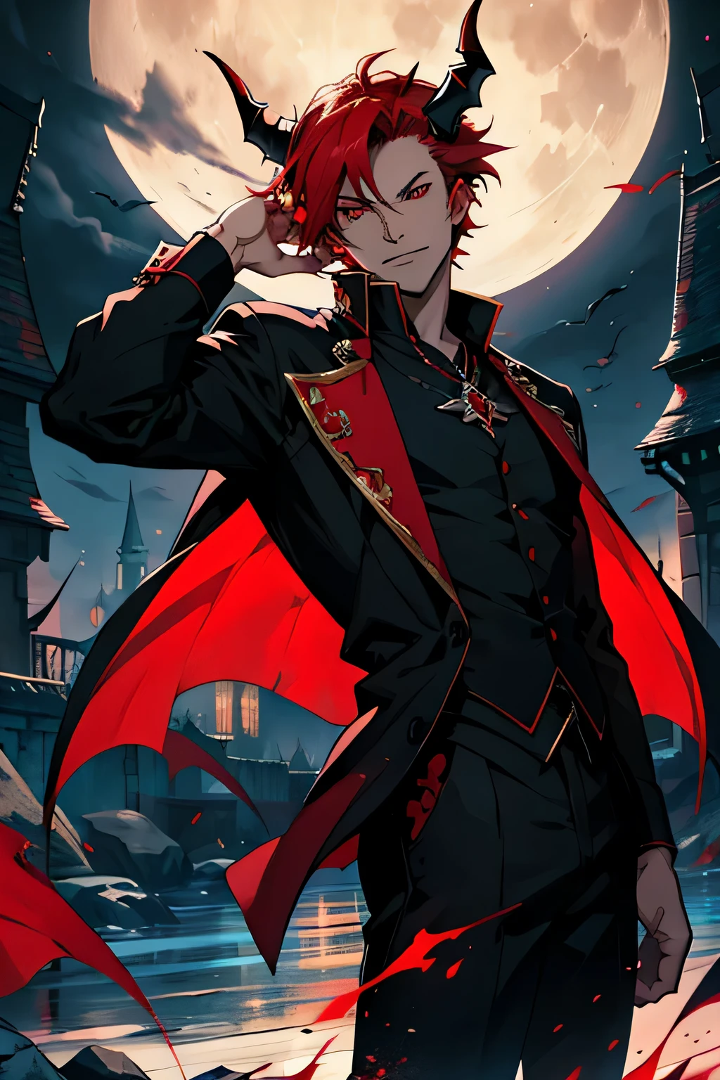 vampiro, estilo anime, cabelo vermelho, cabelo curto, blusa preta, homem, chifres vermelhos, olhos vermelhos, castle background in the night with moon in the sky