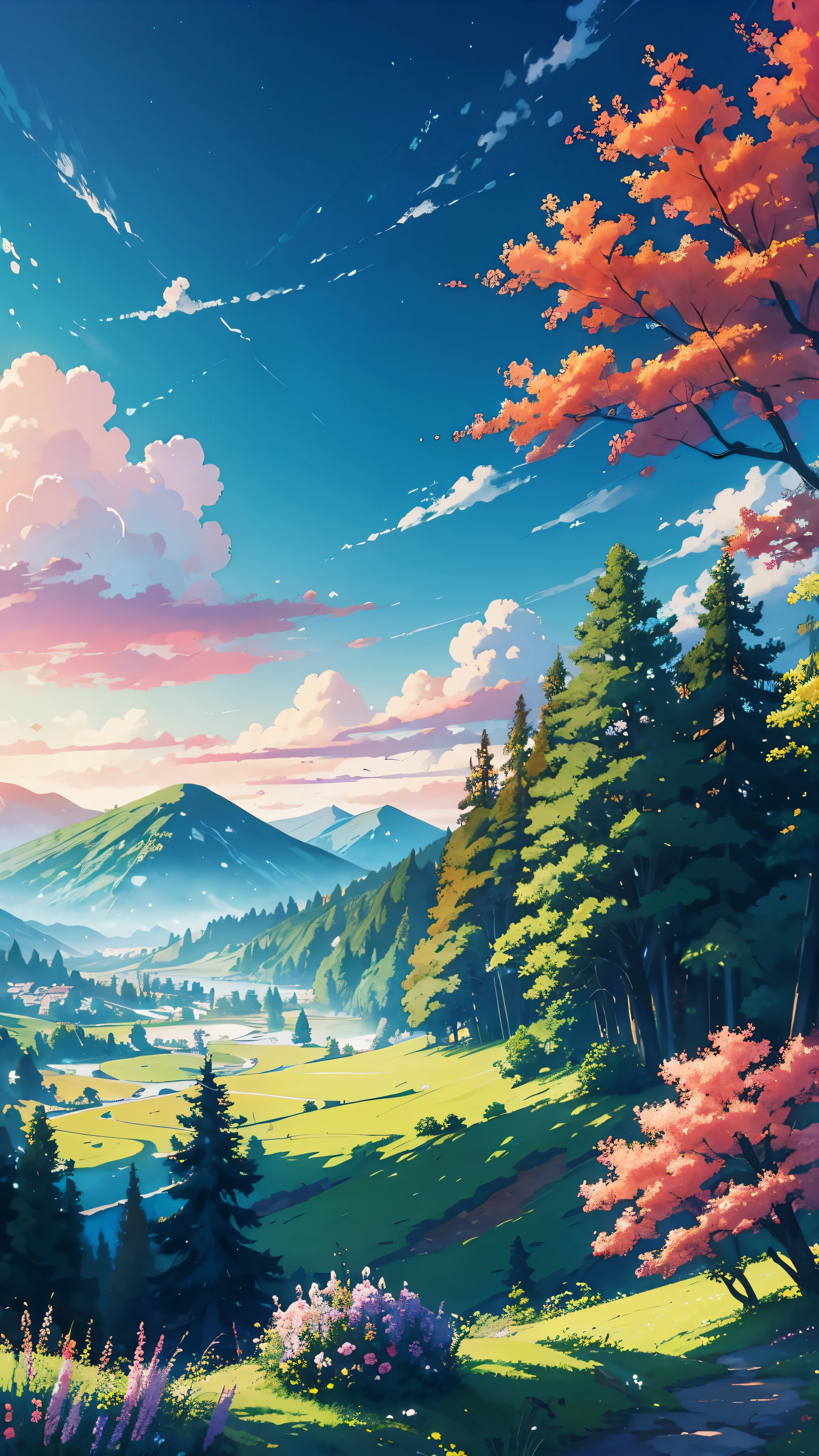 wood々It depicts a colorful landscape with plants and flowers.., Vibrant gouache landscape painting, Colorful landscape painting, anime countryside scenery, bright landscape, scenic colorful environment, just a joke, anime scenery, anime background art, anime bella peace dinner, Landscape art details, Beautiful art UHD 4K, 美しいanime scenery, colorful digital paintings, dream landscape, anime sceneryの壁紙