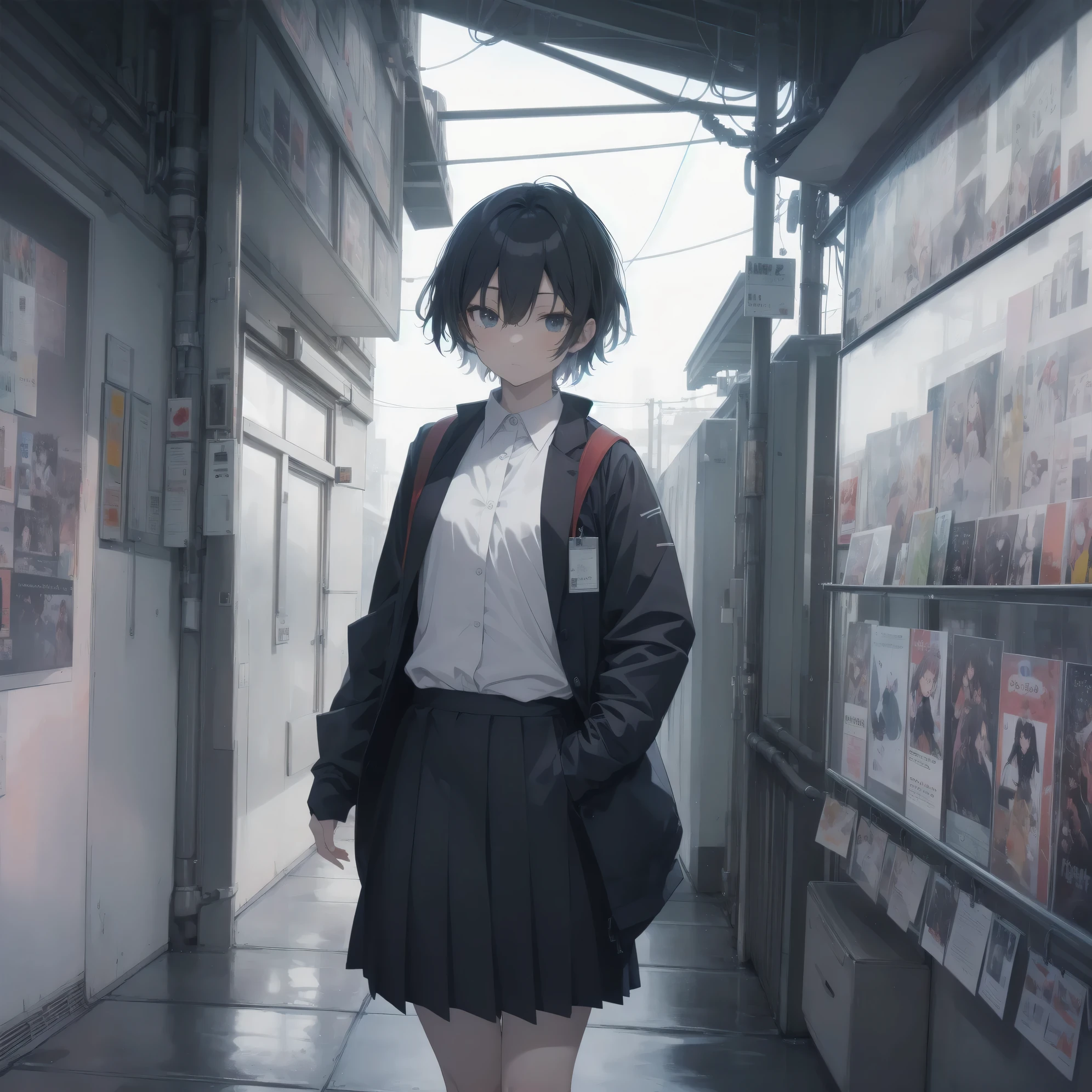 Super absurd quality by the god of art, super detailed, High resolution, anime moe art style, Best Anime 8K Kona-chan Wallpaper, pixiv contest winner, perfect anatomy, break,(眠そうにalone学校へ行く女の子を描いてください. )break,1 girl, (alone,little woman, baby face, 13 years old:1.3),All limbs, full finger,, The charm of an immature body, (very_short hair), Bang, flat chest, small ass, between legs, small black eyes, detailed and beautiful eyes, Well-proportioned iris and pupils, expressive eyes, sleepy eyes, High resolutionの詳細な髪, neck ribbon, shirt, collared shirt, skirt, pleated skirt, school uniform, school bag,(detailed lighting), (detailed background), On the way to school. break,super dense skin, Best cinematic lighting powered by famous artist, 8k, figure,photoshop_(Moderate),Absurd Hi-Res,Hmm,rough skin,break,((artist:Ixy)),artist:Shinkai_Makoto, artist:Ilya_Kuvshinov,artist:Kirisawa_thirteen