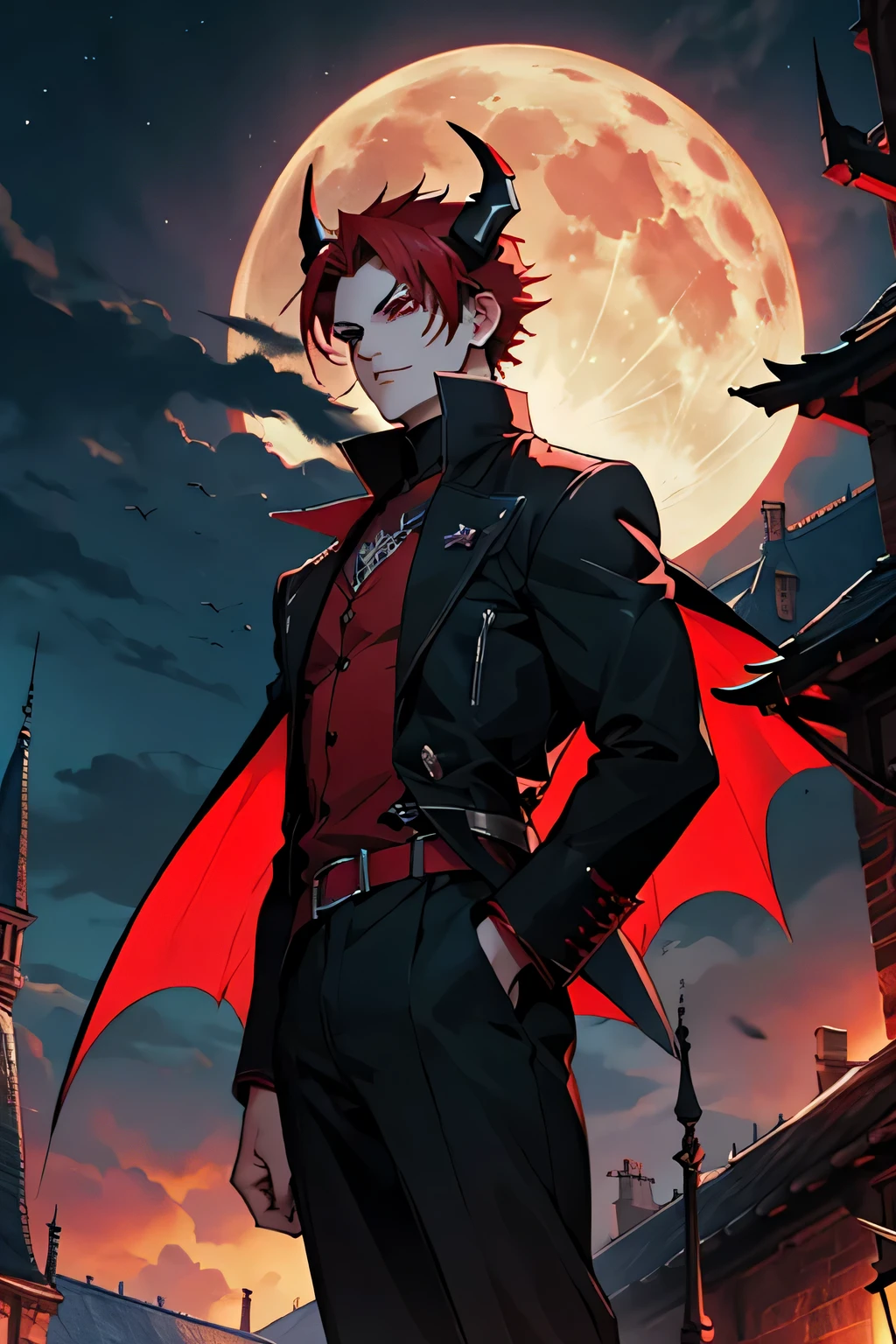 vampiro, estilo anime, cabelo vermelho, cabelo curto, blusa preta, homem, chifres vermelhos, olhos vermelhos, castle background in the night with moon in the sky