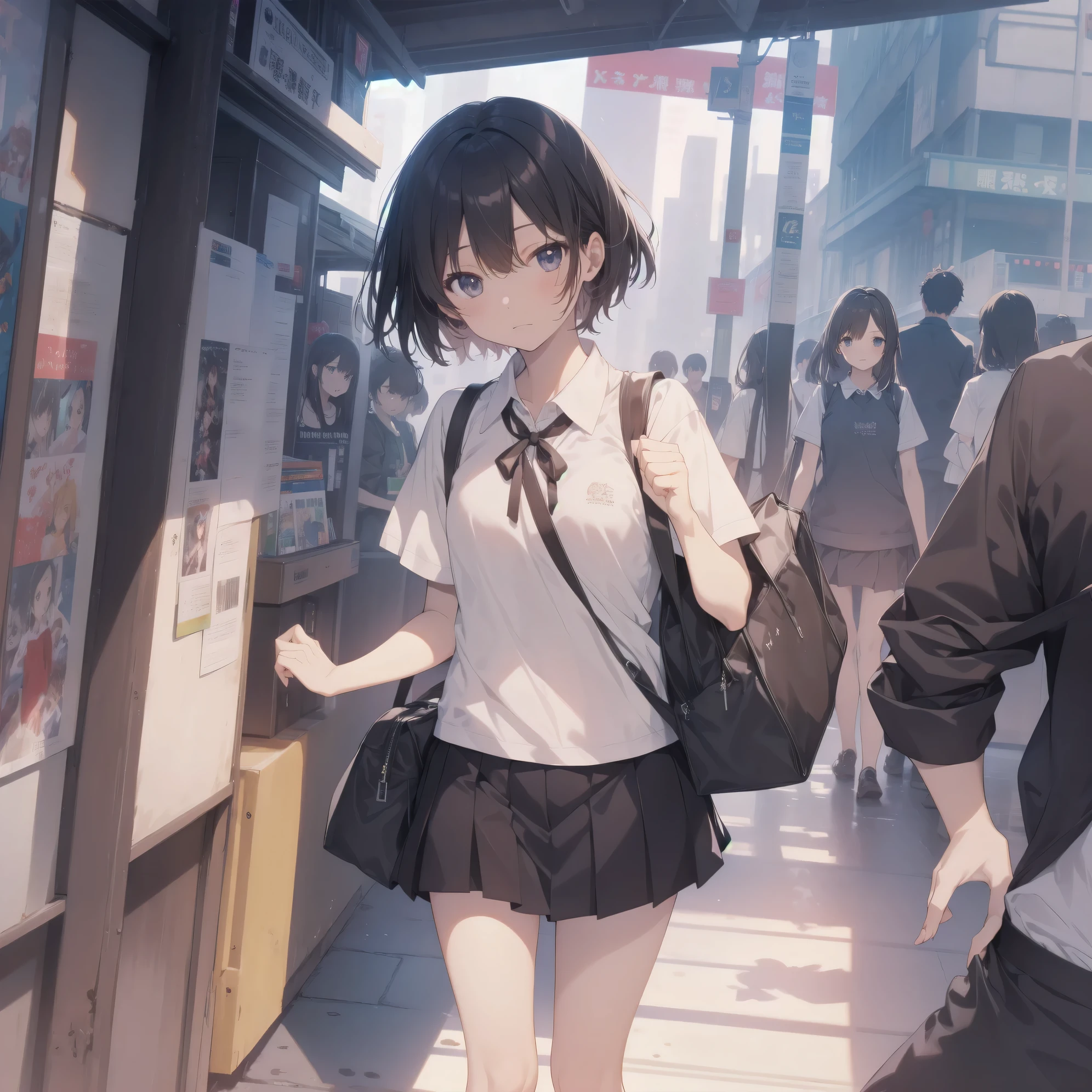 Super absurd quality by the god of art, super detailed, High resolution, anime moe art style, Best Anime 8K Kona-chan Wallpaper, pixiv contest winner, perfect anatomy, break,(眠そうにalone学校へ行く女の子を描いてください. )break,1 girl, (alone,little woman, baby face, 13 years old:1.3),All limbs, full finger,, The charm of an immature body, (very_short hair), Bang, flat chest, small ass, between legs, small black eyes, detailed and beautiful eyes, Well-proportioned iris and pupils, expressive eyes, sleepy eyes, High resolutionの詳細な髪, neck ribbon, shirt, collared shirt, skirt, pleated skirt, school uniform, school bag,(detailed lighting), (detailed background), On the way to school. break,super dense skin, Best cinematic lighting powered by famous artist, 8k, figure,photoshop_(Moderate),Absurd Hi-Res,Hmm,rough skin,break,((artist:Ixy)),artist:Shinkai_Makoto, artist:Ilya_Kuvshinov,artist:Kirisawa_thirteen