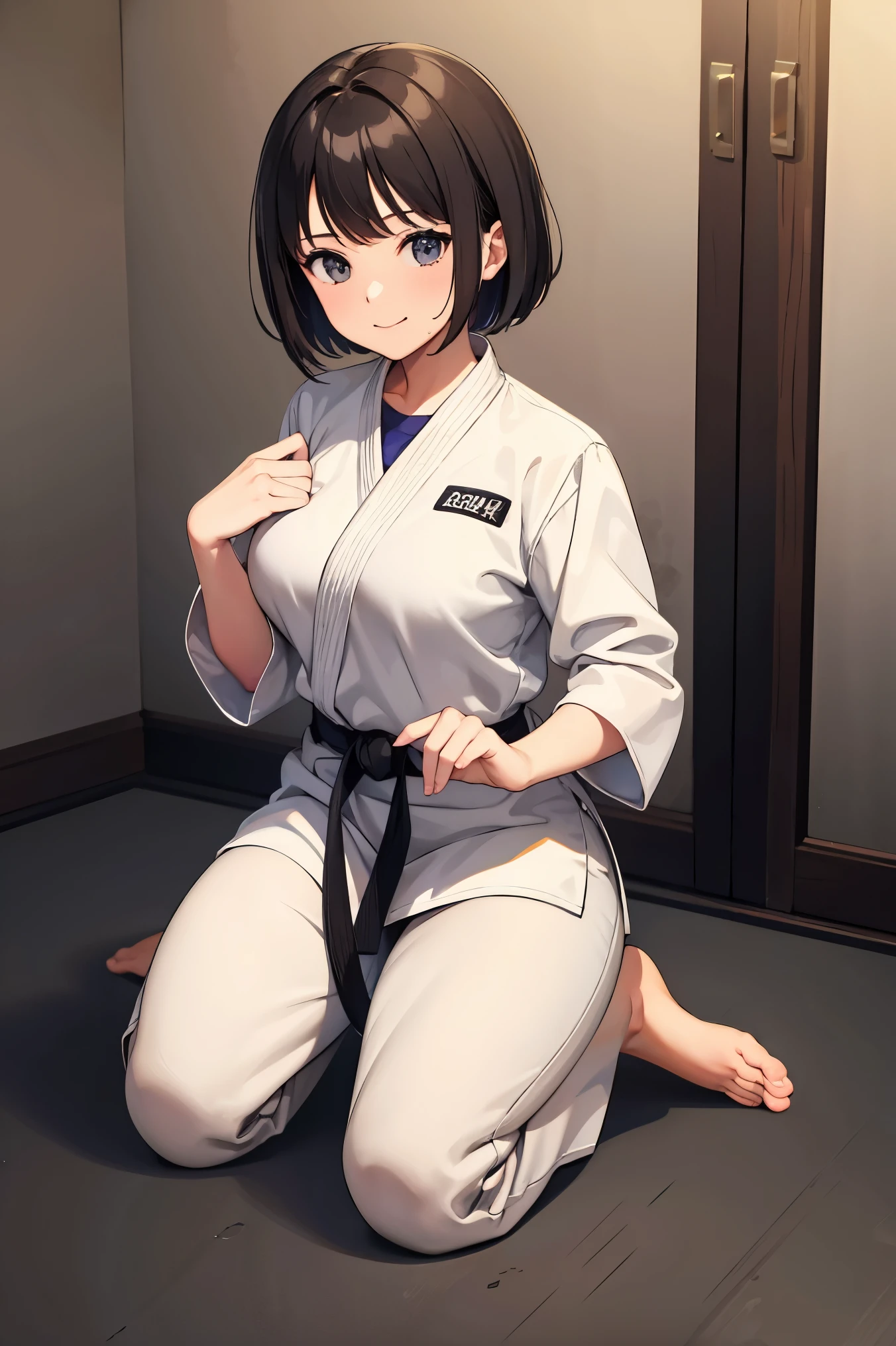 ((masterpiece, highest quality, super detailed, Very detailed 8KCG wallpaper)), 1 girl, alone, very big breasts, short hair, black hair, bob, black eye, dougi, martial arts uniform, martial arts belt, black pants, barefoot, dojo, sitting, seiza, nice hands, perfect hands,Good feeling,Erotic,sweaty,smile,Newaza,On the square solid,