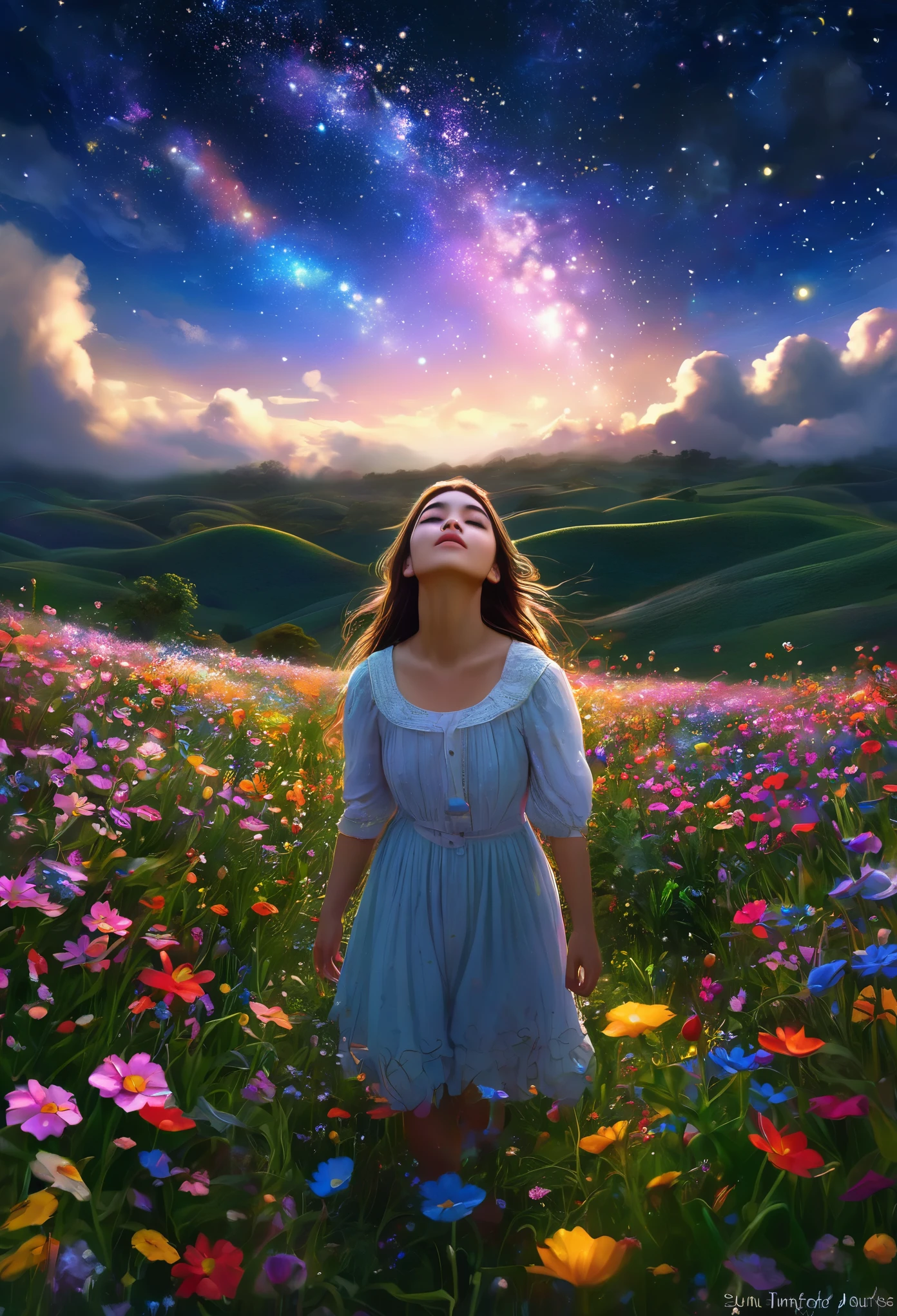There is a girl parado em um campo de flores looking up at the sky, a girl parado em um campo de flores, uma garota andando em um campo de flores, lost in a dreamy wonderland, parado em um campo de flores, fantastic digital painting, the sky gradually brightens, the starry sky gradually recedes