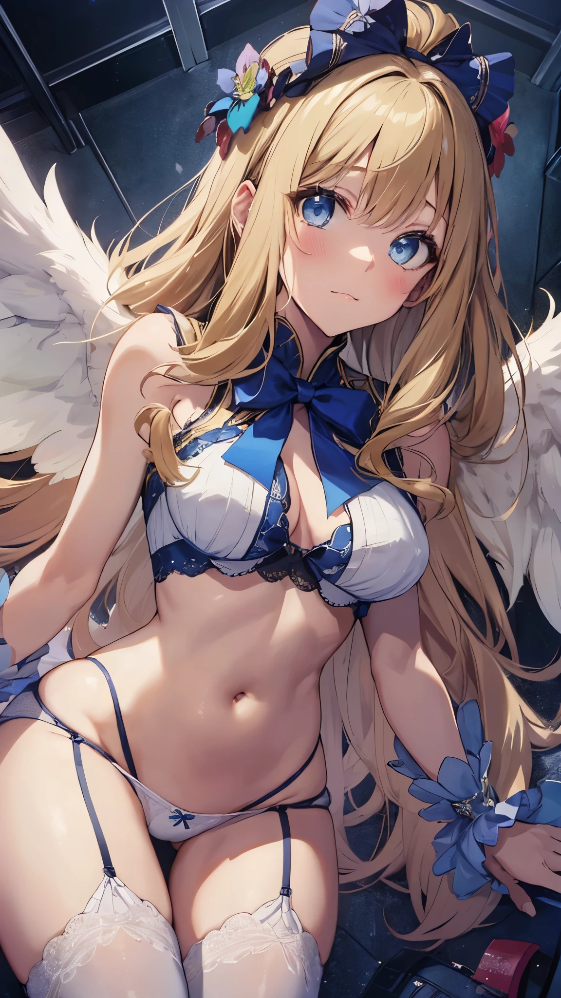 cowboy shot, filo, 1girl, solo, blond hair,embarrassed, closed mouth, flat chest,skinny,short stature,white wings, hite dress, blue bow, long hair, blue eyes, looking at viewer, parted bangs, bent over,(panty shot:1.3),dynamic angle,(from below:1.5),(ceiling:1.5), (crotch  close-up:1.3),white panty,top-quality,Top image quality,perfect anatomy,masterpiece,ultra-detailliert,Beautiful,ultra-quality, best quality,high resolution, ultra-detailed,game cg,dutch angle ,beautiful detailed eyes,visualart,five fingers, perfect hands