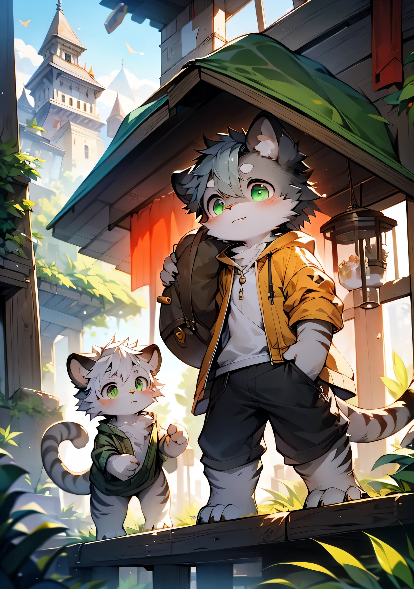 （Cat，Gray hair and green eyes，Yellow and wHellote coat color，Lovely，Lively，horny boy，,Wear a sweatsHellort with a pink pattern，energetic and cute，shorter pants, wind element，hairy），Digital artwork with cinematic lighting.a boy，unitary anthropology,hairy的,wild,(digital media \(a work of art\):1.2),(Hello，It's notHellong,Ridiculous resources:1.2),perfect anatomy,anatomically correct,detailed,detailed face,detailed eyes,(realistic fur,detailed fur:1.25),detailed background,amazing background. rest (author：Puyinji \(artist\):1.2),(author：fantasy land,author：Kuroi Junmi,author：Milk tiger 1145,author：Moki,author：Enamel 1,through egg sac:1.2),(author：Xia Huaiting:0.8),(by Pino Deheni:0.8),(author：Sios SHelloru:0.8),(by chuni:0.8).