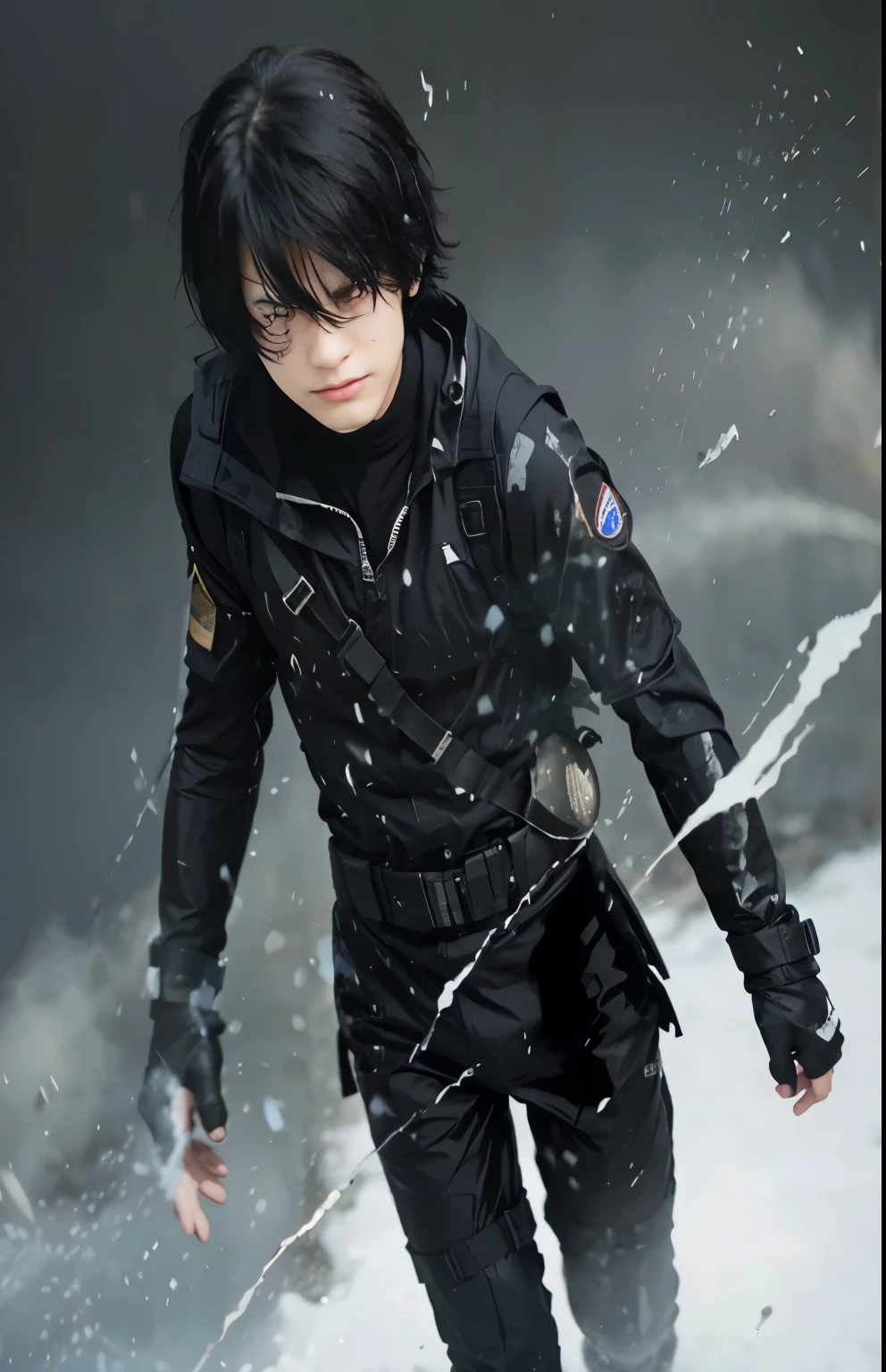 1 boy, black eyes, black hair, soldier suit