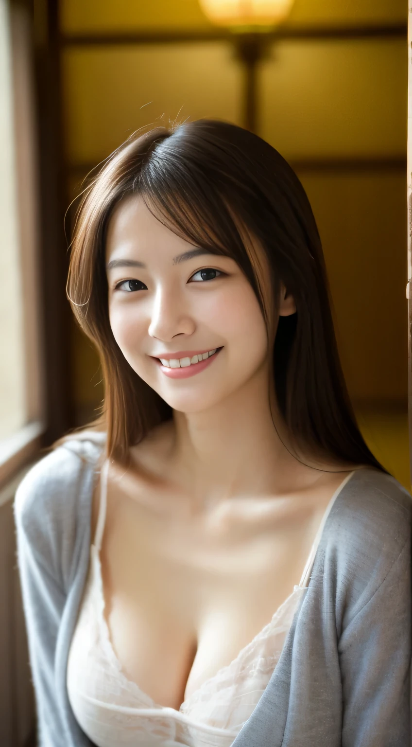 masterpiece,best quality,(Japanese ),((Beautiful girl)),cleavage,indoor,(perfect body beauty:1.2),(shy smile),beautiful teeth,