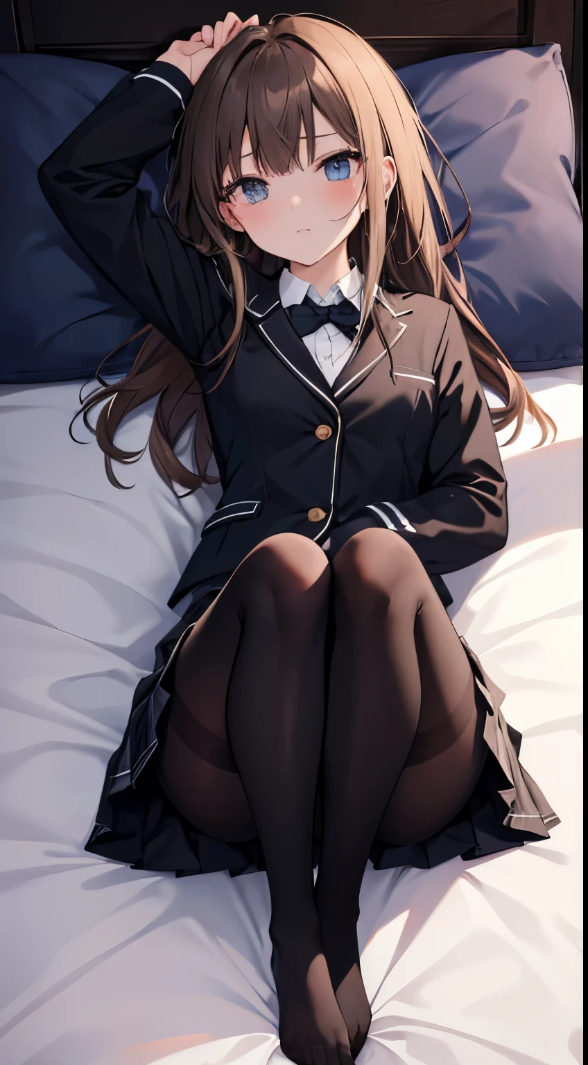 finest, masterpiece, High resolution, (Full body diagram from head to toe), Composition from the front and slightly below, symmetrical, 18-year-old, Slim and beautiful girl, alone, (small breasts), (not wearing shoes),Unkempt brown hair, bangs, (black tights), (black pantyhose), (Pose with legs spread on the bed), tied up with both arms hidden behind the back, (Composition showing black panties), (her legs spread、I can see black pants.), blush, shy big eyes, looking at camera, Blazer Uniform, plaid pleated skirt