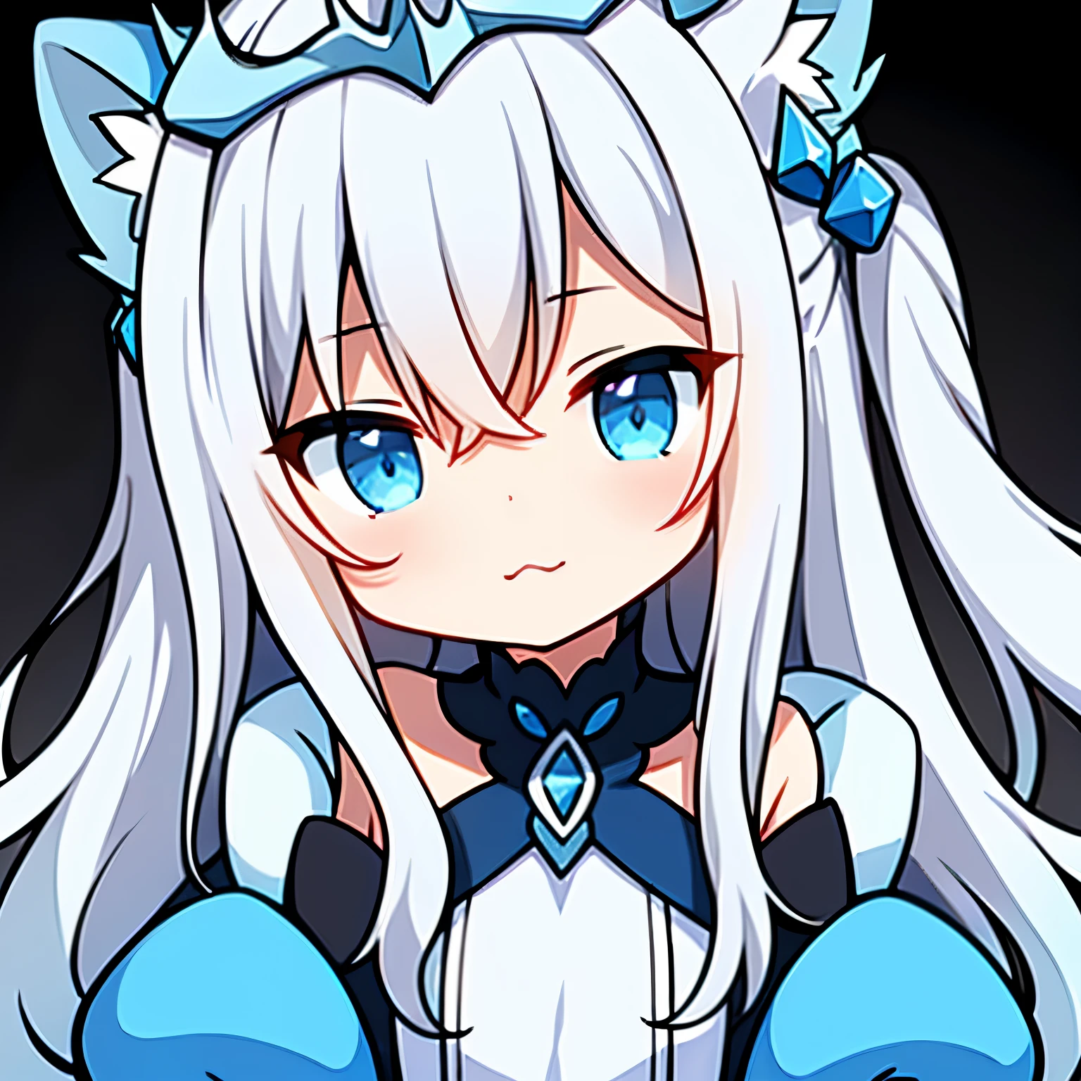 bust，Queen of Coral Terrace，The cold queen ，dragon girl，Dark blue and white clothes，dark blue eyes，white hair，Off the shoulders，Ice Crown，Dark blue dragon horn