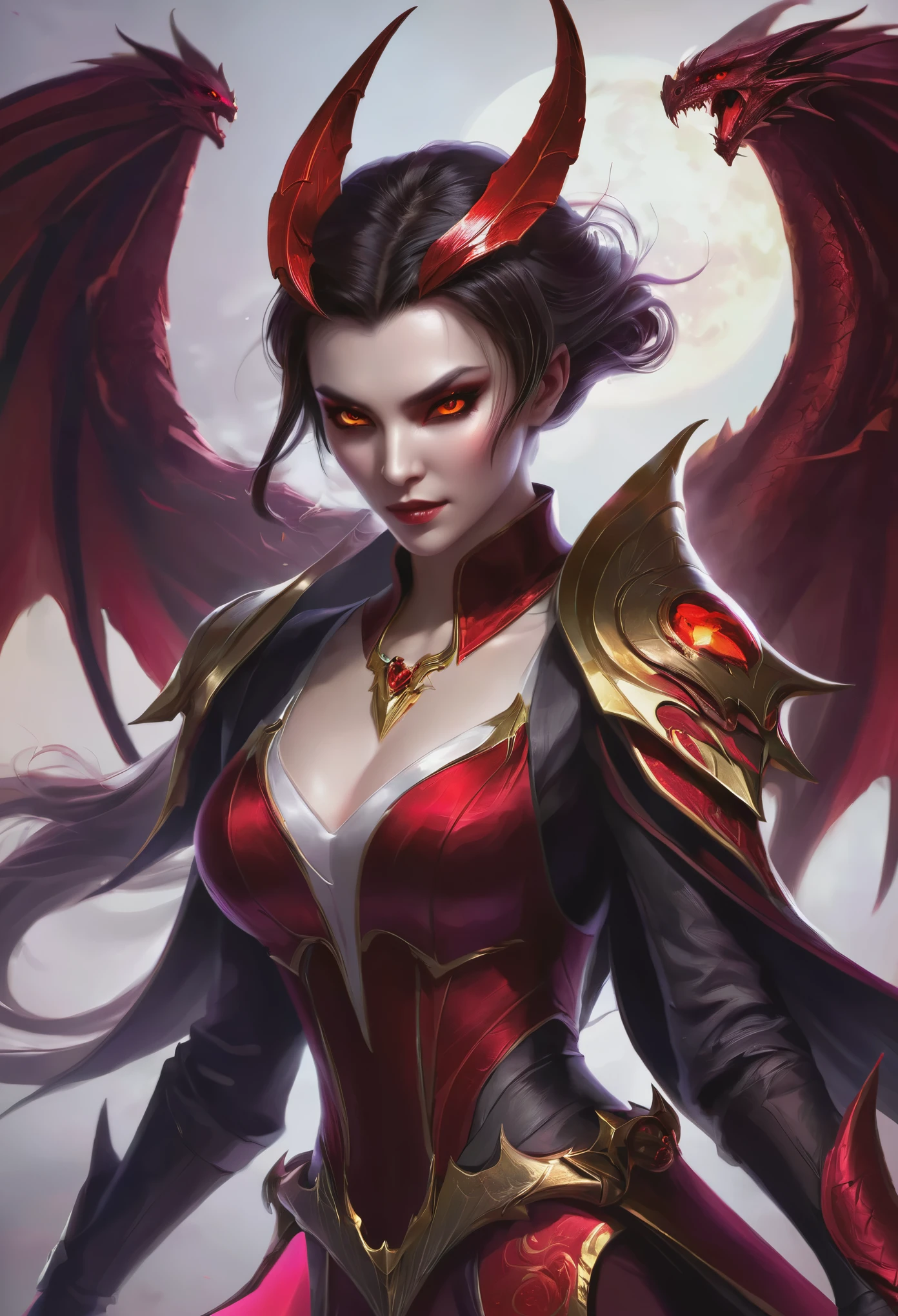 Vampire duc man, a halo made of blood around her, gold eyes, assassin clothes, dragon wings, blood magic, ultra detailled, portrait, vibrant color, realistic
