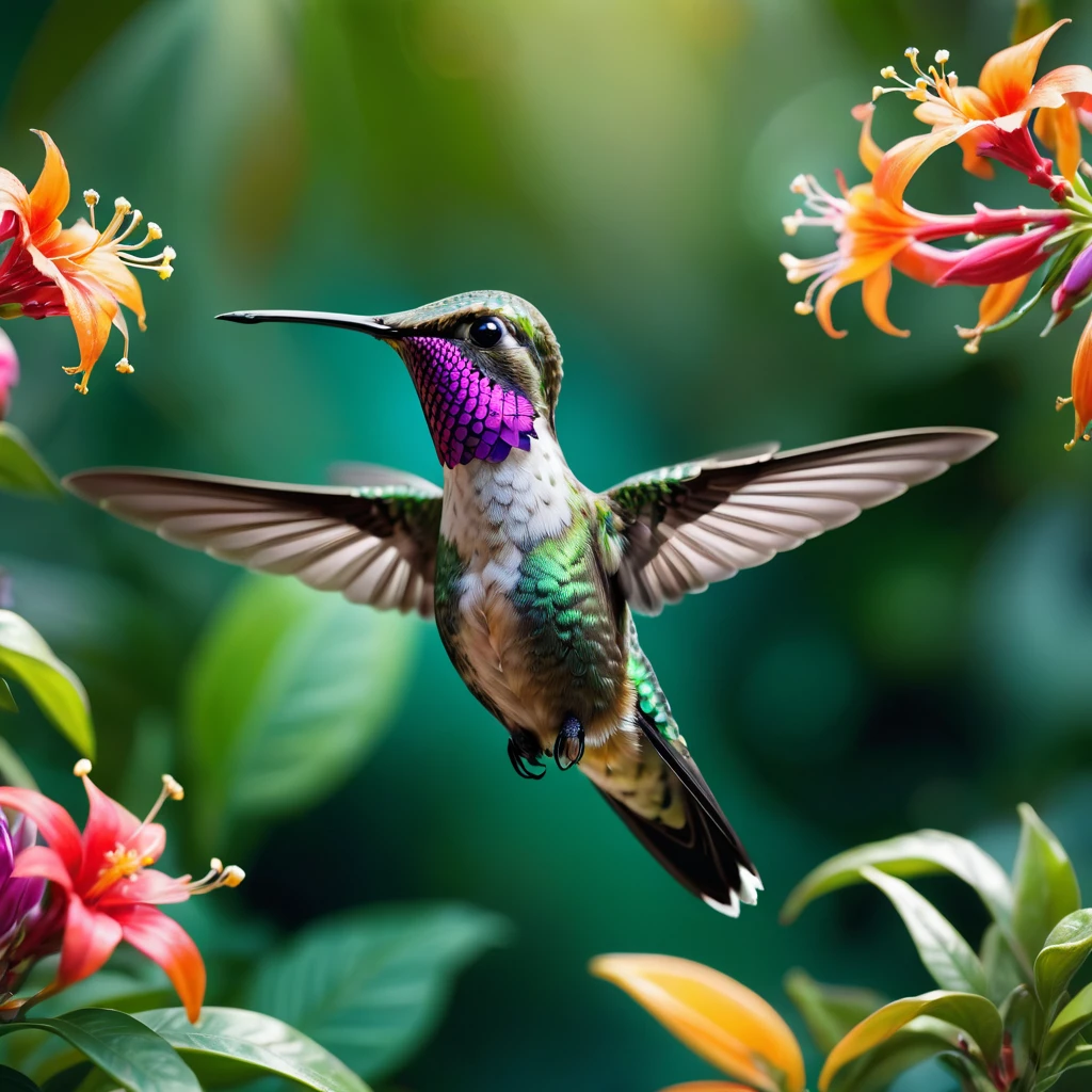 Hummingbird, aesthetic, extremely detailed, Exquisite, Still, Photo, close-up, Hummingbird, still, perched on a flower, lush tropical garden, bokeh background, natural light, high-resolution, vibrant colors, contrast, saturation, Fujifilm Superia, Vivian Maier, Ansel Adams.