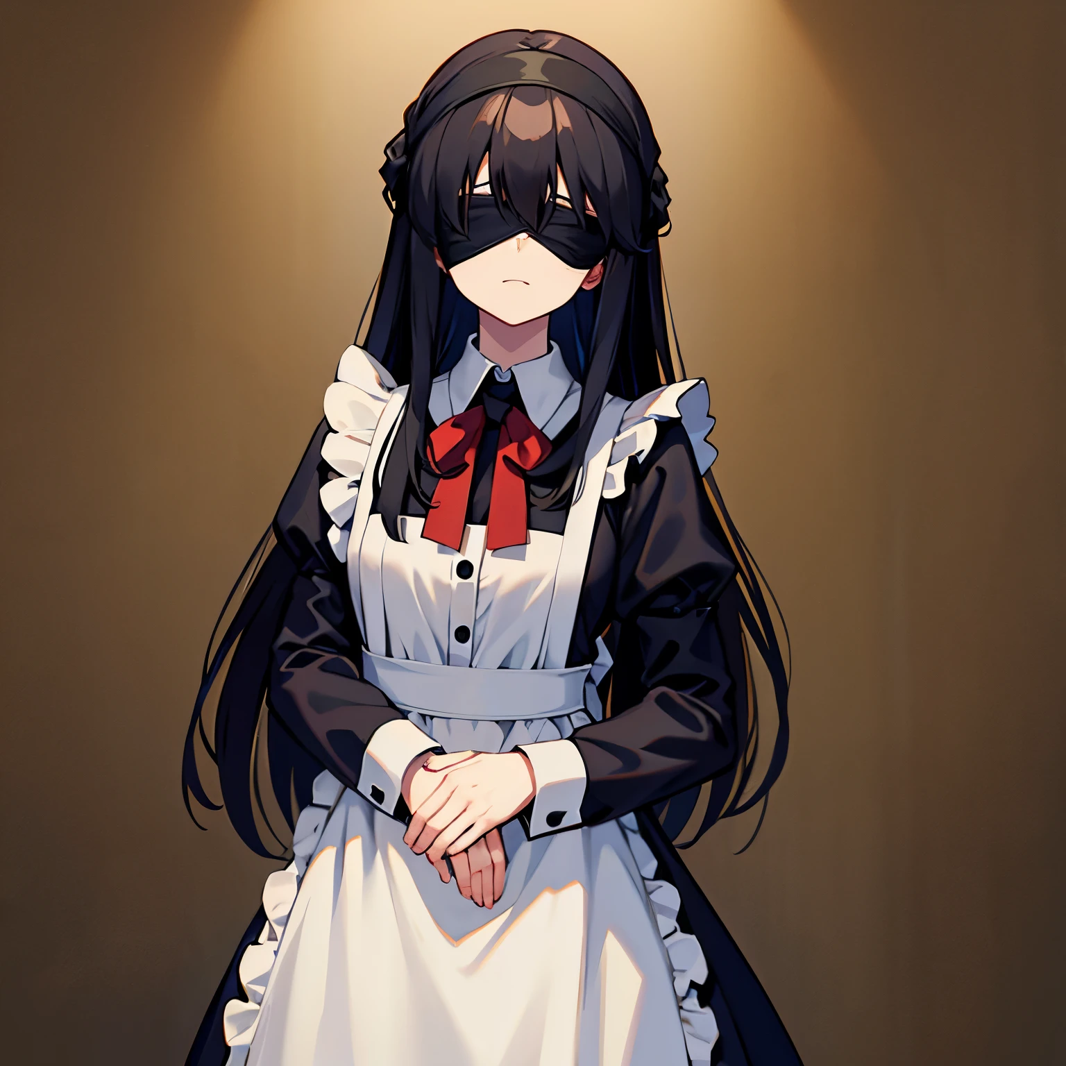 woman, maid, neutral, standing, long hair, black hair, blindfold